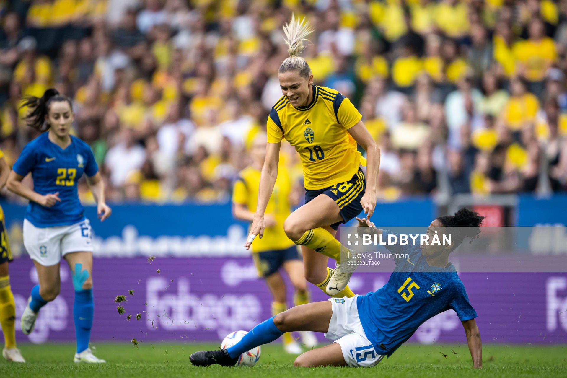Fridolina Rolfö of Sweden and Tainara of Brazil during the women's international friendly football match between Sweden and Brazil on June 28, 2022 in Stockholm.