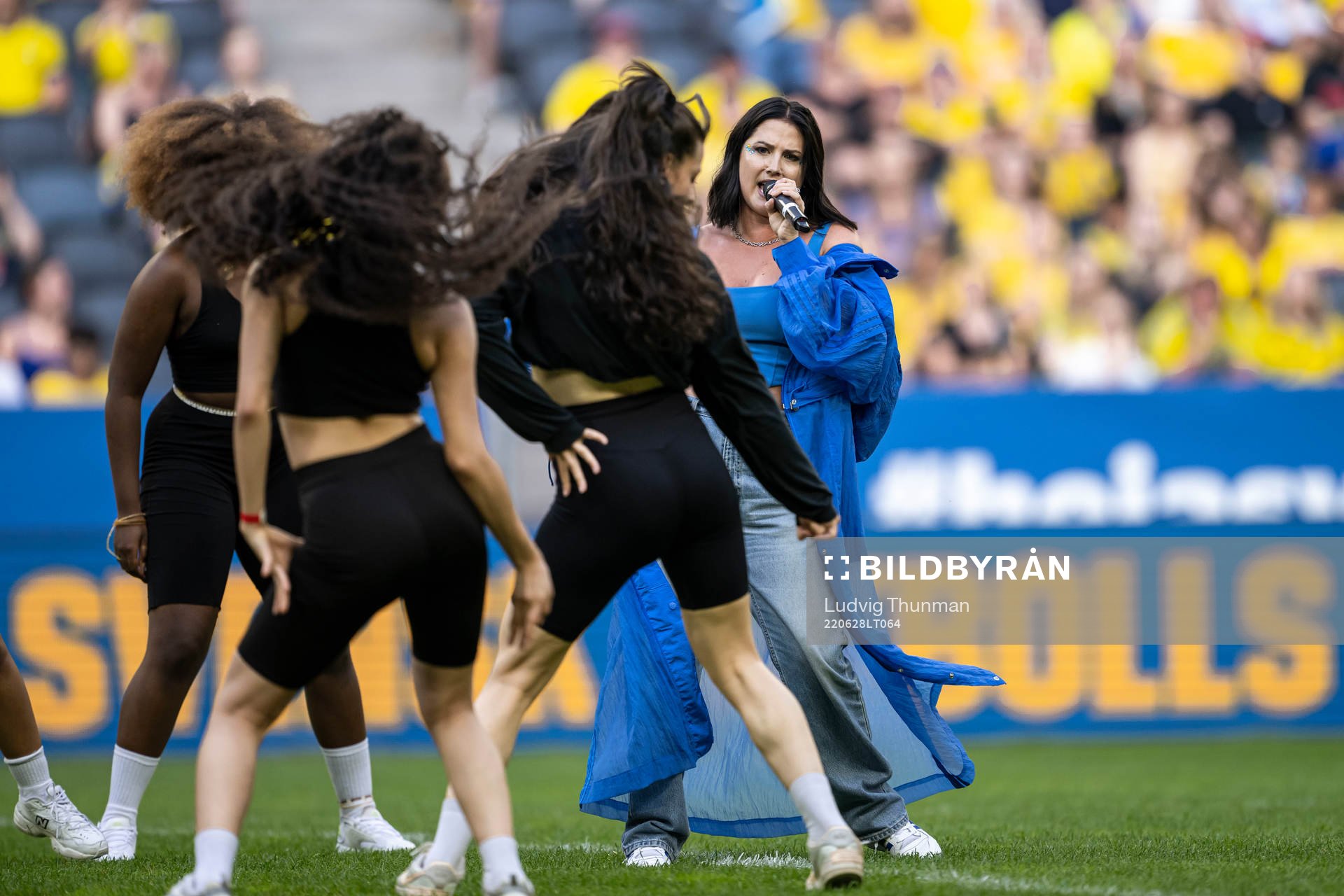 Artist Molly Sandén perform ahead of the women's international friendly football match between Sweden and Brazil on June 28, 2022 in Stockholm.