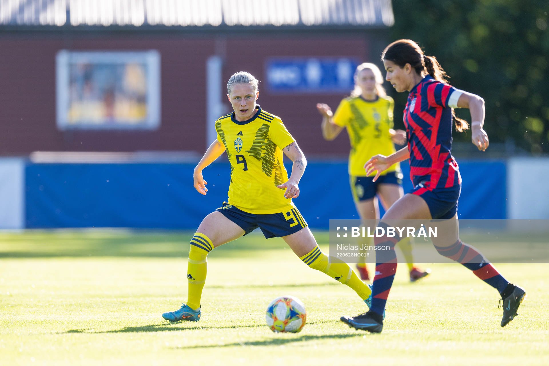 Emilia Larsson of Sweden and Emily Madril of USA during the football match in a U23 three nations tournament between Sweden and USA on June 28, 2022 in Vittsjö.
