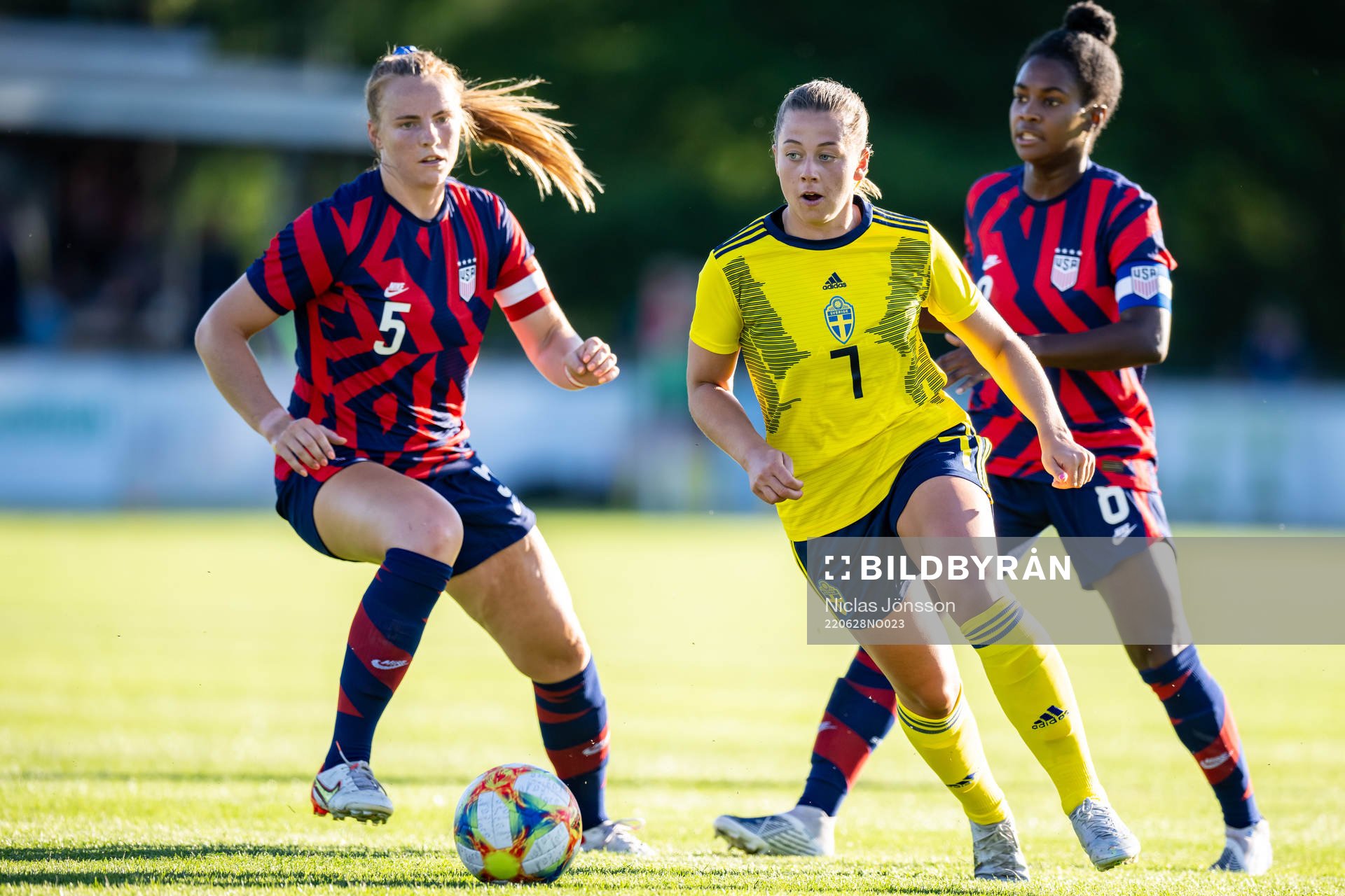 Megan Bornkamp of USA and Cornelia Kapocs of Sweden during the football match in a U23 three nations tournament between Sweden and USA on June 28, 2022 in Vittsjö.