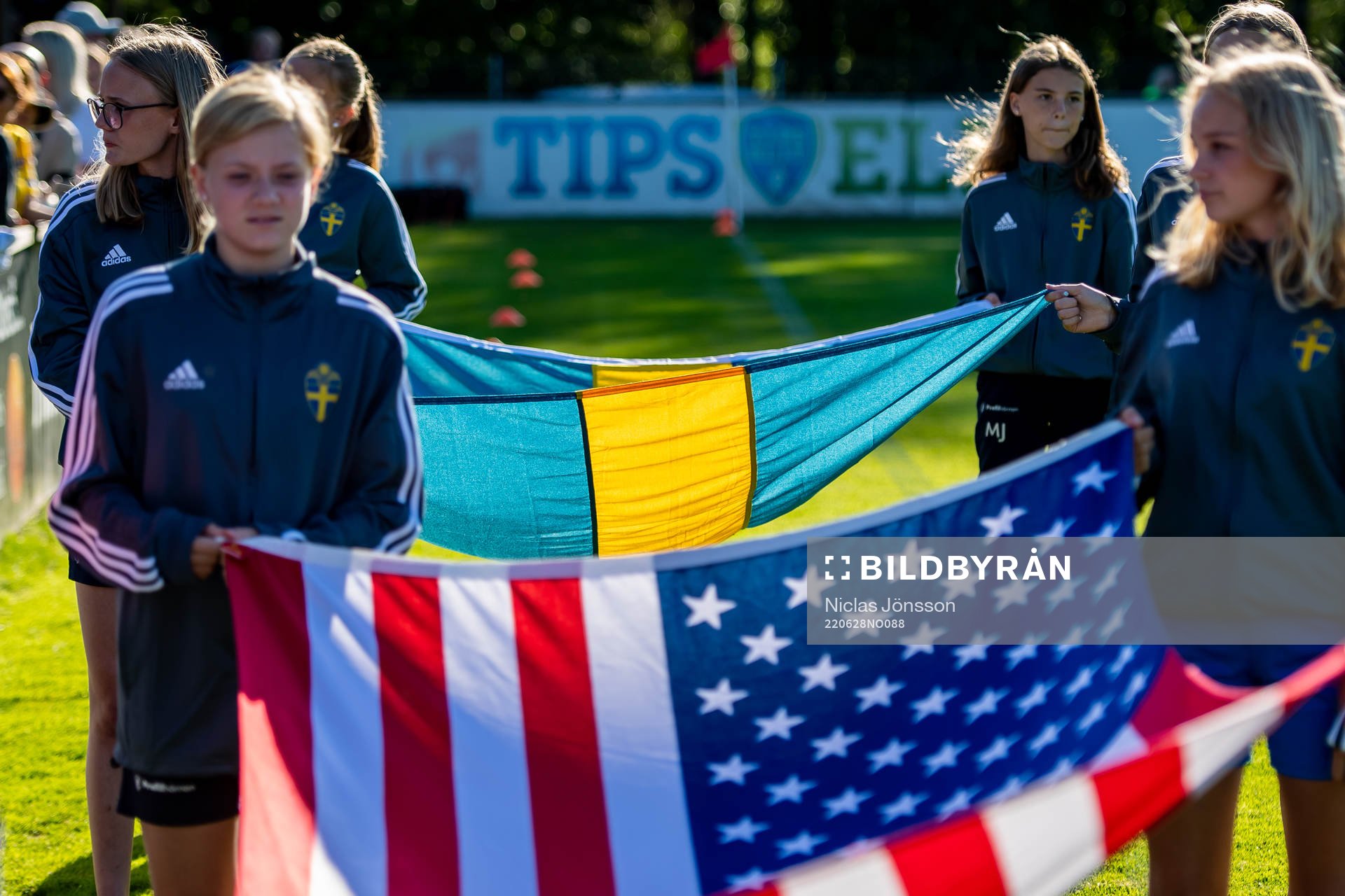 Flags of USA and Sweden ahead of the football match in a U23 three nations tournament between Sweden and USA on June 28, 2022 in Vittsjö. 
