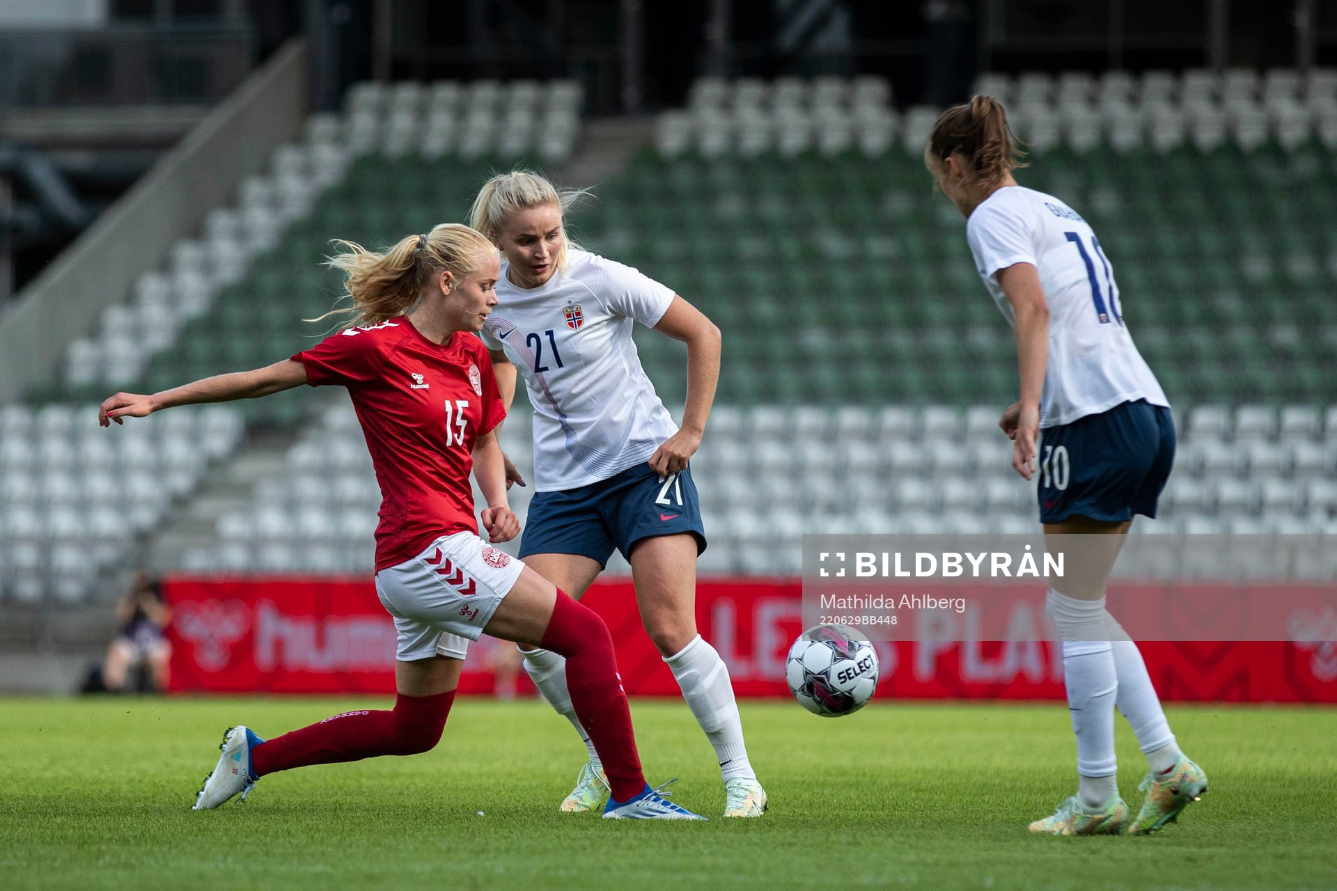 Kathrine Kuhl of Denmark and Anna Jøsendal of Norway uring the international friendly football match between Denmark and Norway on June 29, 2022 in Viborg.