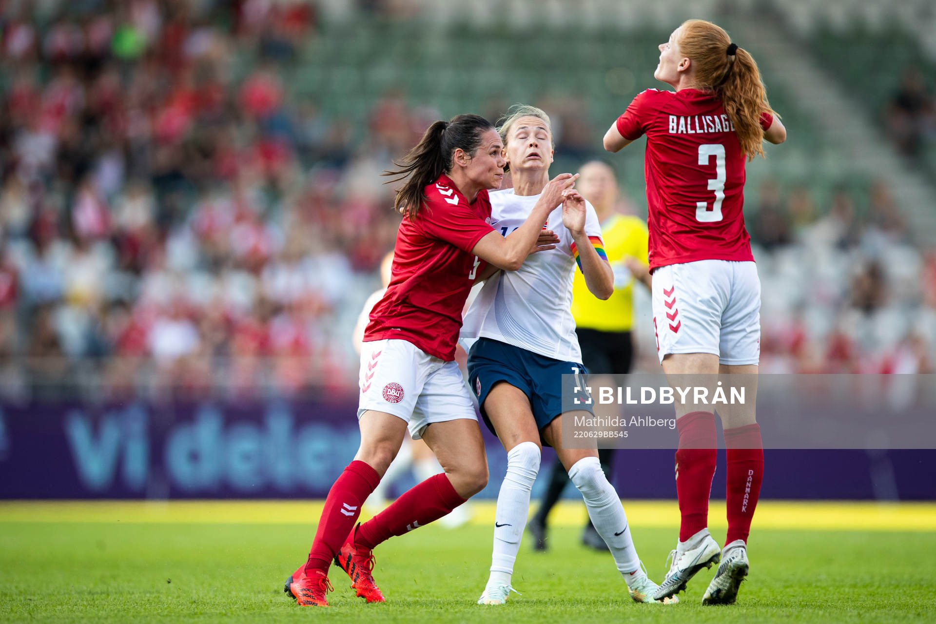 Simone Boye of Denmark and Caroline Graham Hansen of Norway during the international friendly football match between Denmark and Norway on June 29, 2022 in Viborg.