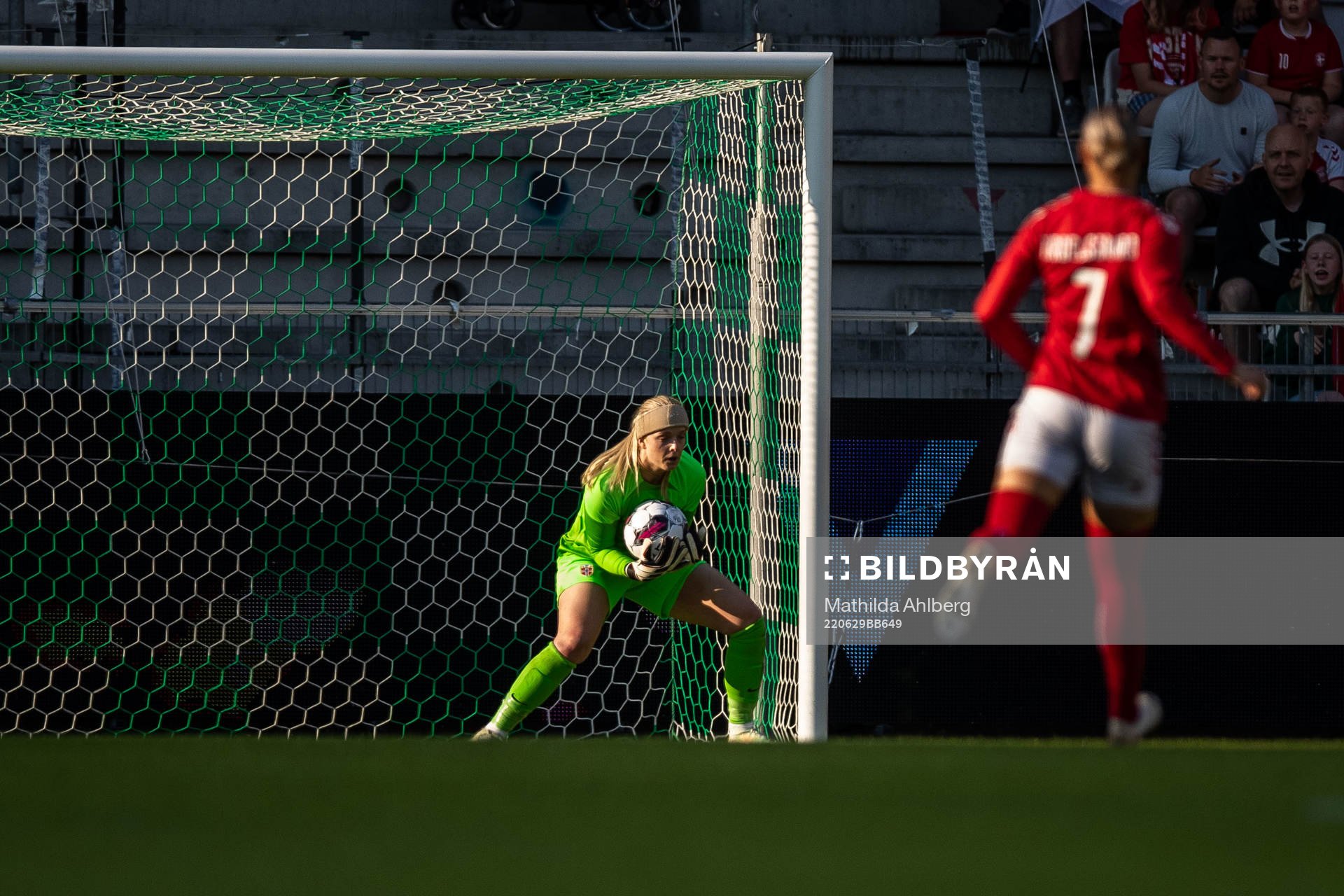Goalkeeper Guro Pettersen of Norway with a save