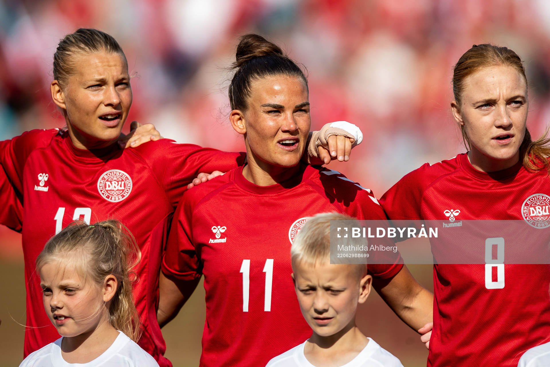 Stine Larsen, Katrine Veje and Sara Holmgaard of Denmark during the international friendly football match between Denmark and Norway on June 29, 2022 in Viborg.