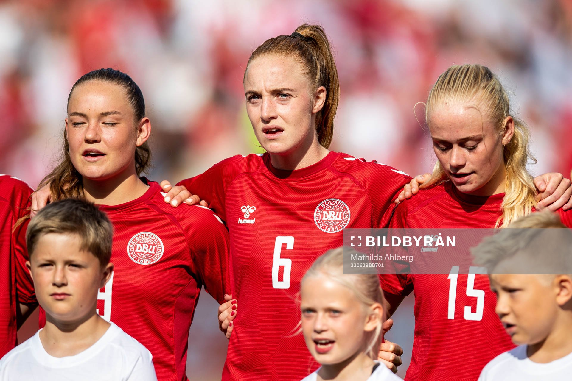 Janni Thomsen, Karen Holmgaard and Kathrine Kuhl of Denmark during the international friendly football match between Denmark and Norway on June 29, 2022 in Viborg. 