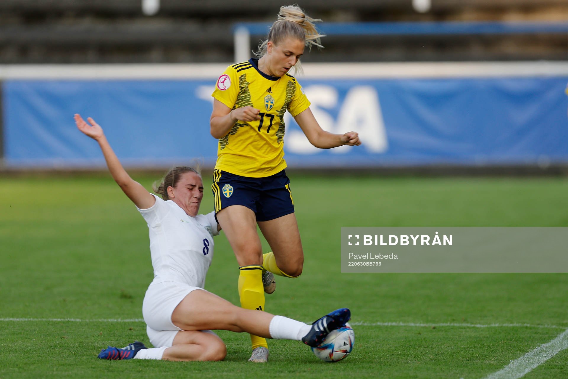 Maisie Symonds of England and Lisa Björk of Sweden in action during the football match Sweden and England in The UEFA Womens Under-19 European Championships on June 30 in Frydek-Mistek, Czech Republic.