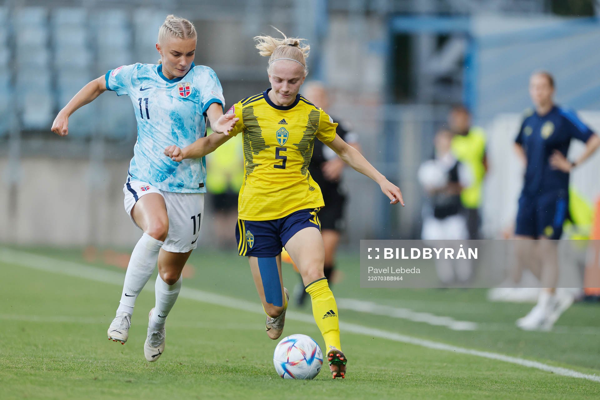 Anna Sandberg  of Sweden in action against Thea Kyvåg of