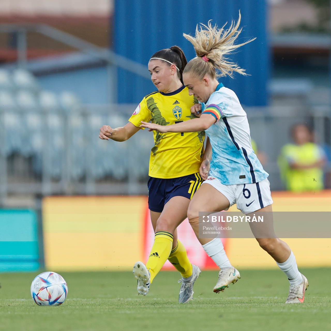 Emilia Pelgander of Sweden in action against Julie Jorde of