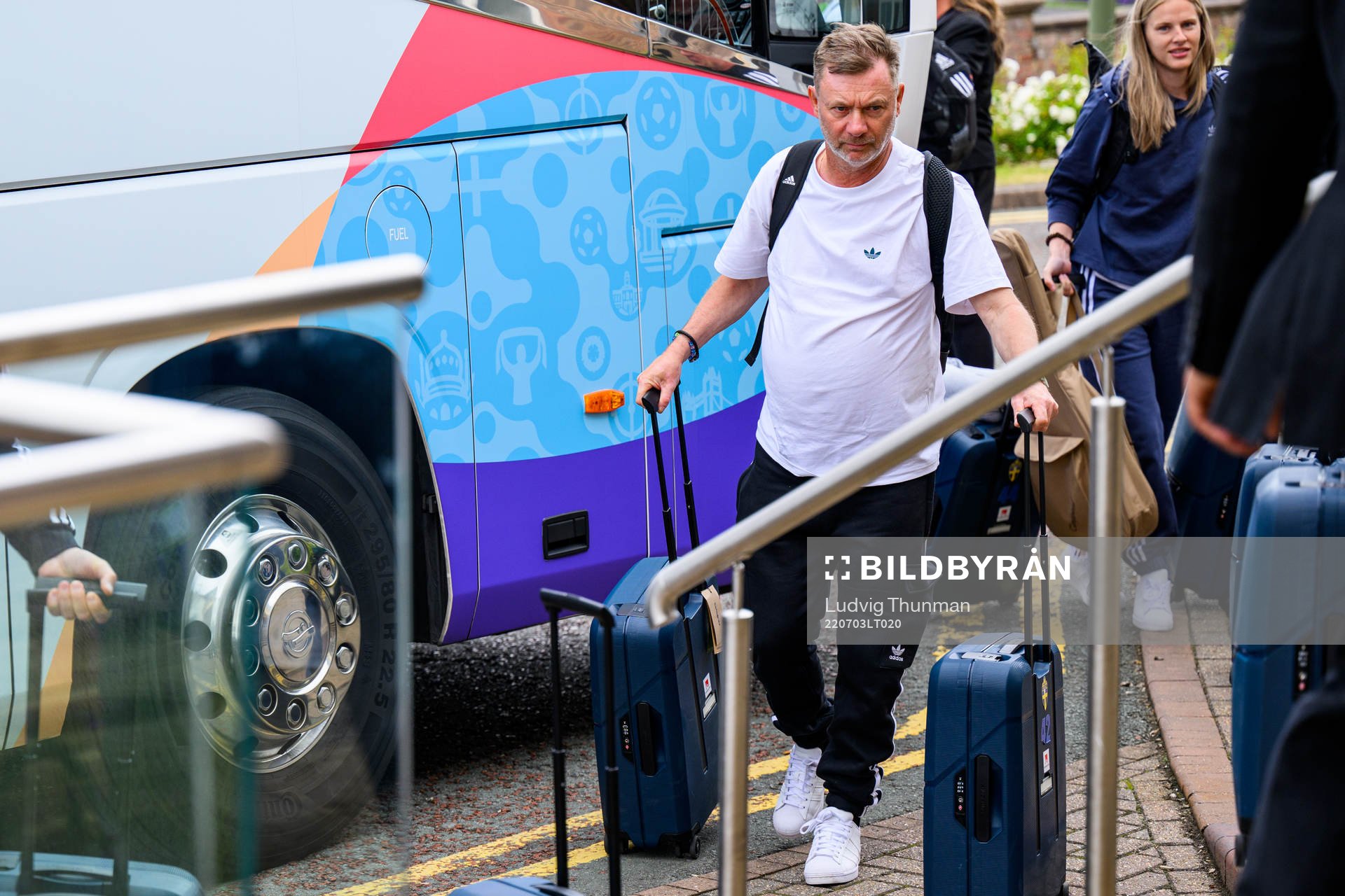 Head coach Peter Gerhardsson of the Swedish women's national football team arrive to base camp ahead of the UEFA Women's Euro 2022 on July 3, 2022 in Chester.