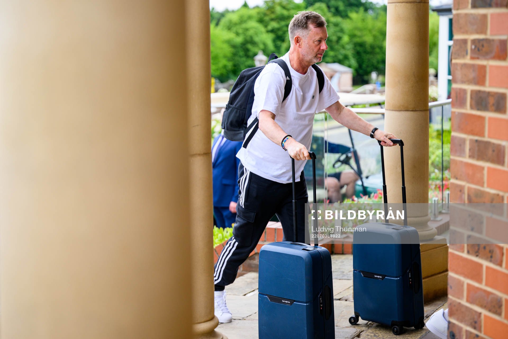 Head coach Peter Gerhardsson of the Swedish women's national football team arrive to base camp ahead of the UEFA Women's Euro 2022 on July 3, 2022 in Chester.