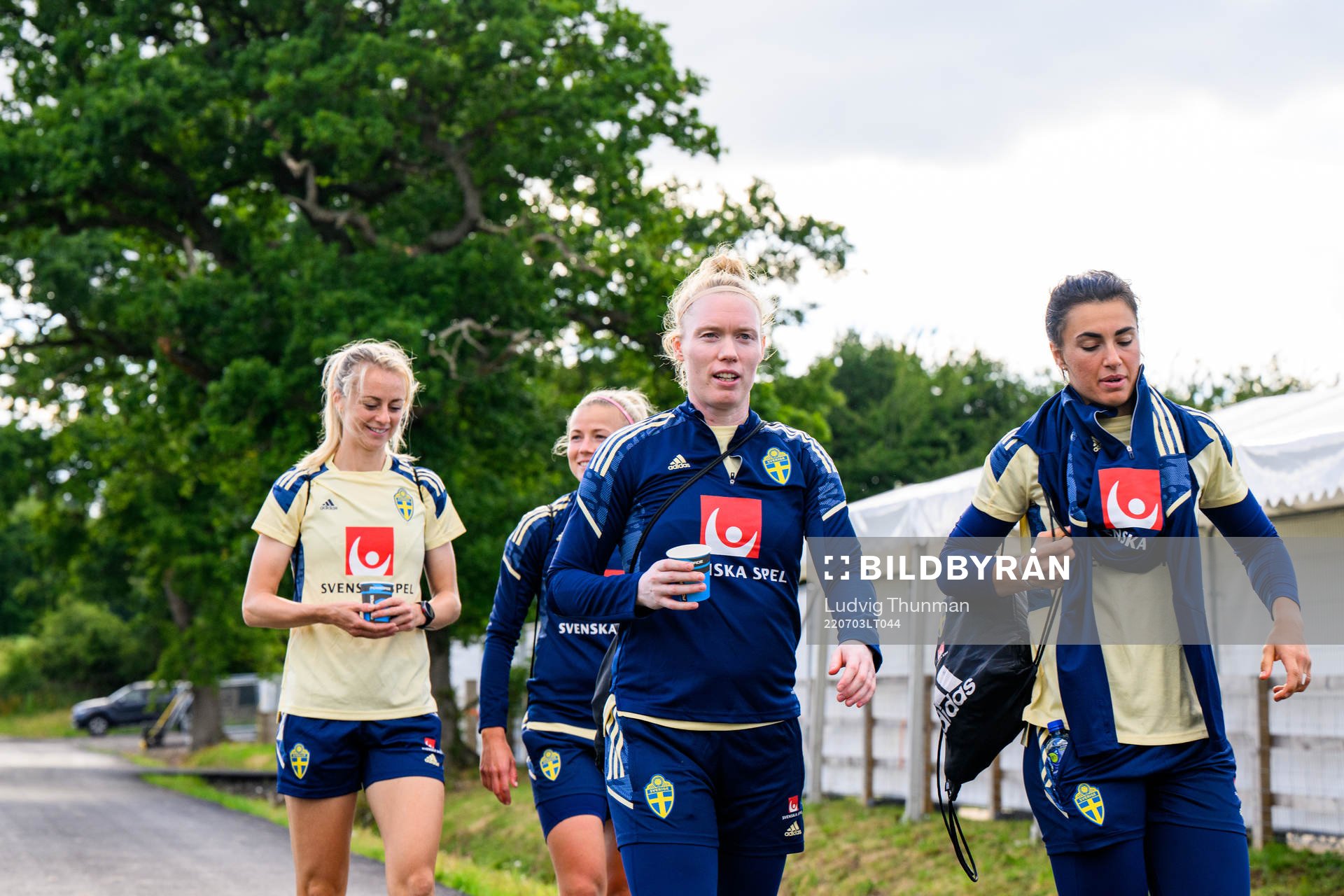 Amanda Ilestedt, goalkeeper Hedvig Lindahl, Hanna Glas and goalkeeper Zecira Musovic walk back from a training session with the the women's Swedish national football team ahead of UEFA Women's Euro 2022 Championship on July 3, 2022 in Chester.