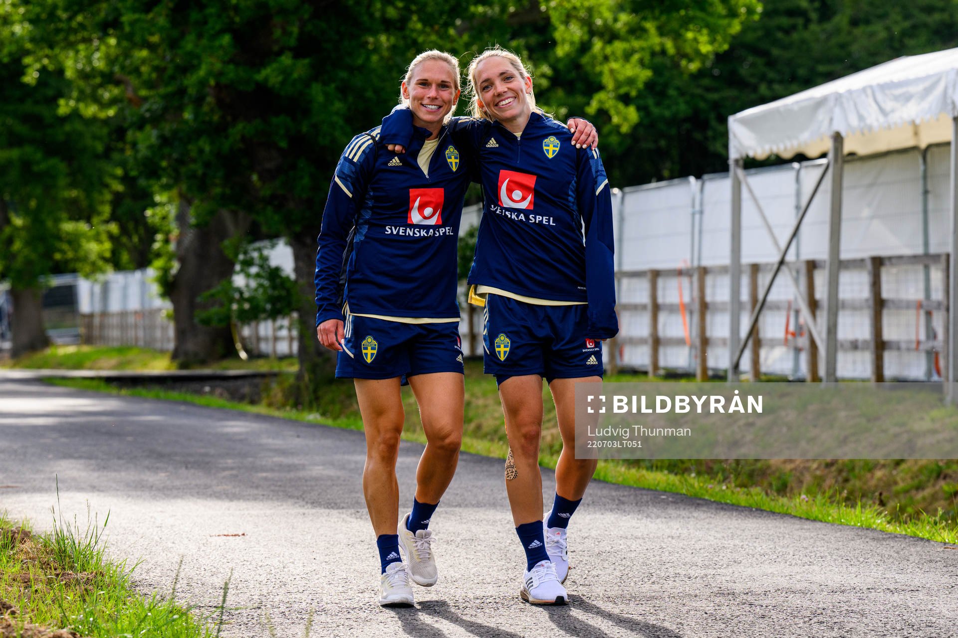 Jonna Andersson and Elin Rubensson walk bak from a training session with the the women's Swedish national football team ahead of UEFA Women's Euro 2022 Championship on July 3, 2022 in Chester.