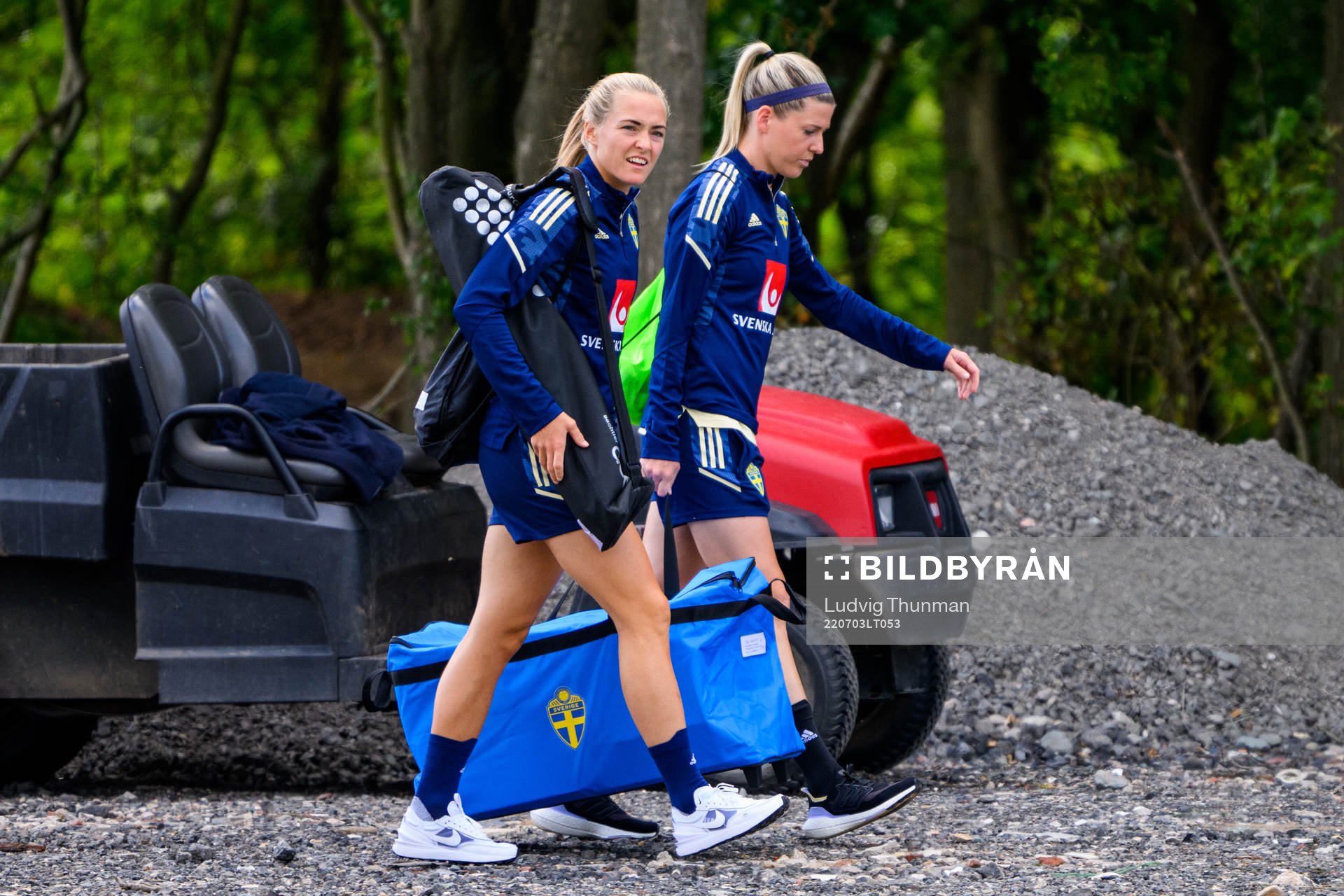 Magdalena Eriksson and Olivia Schough arrive for a training