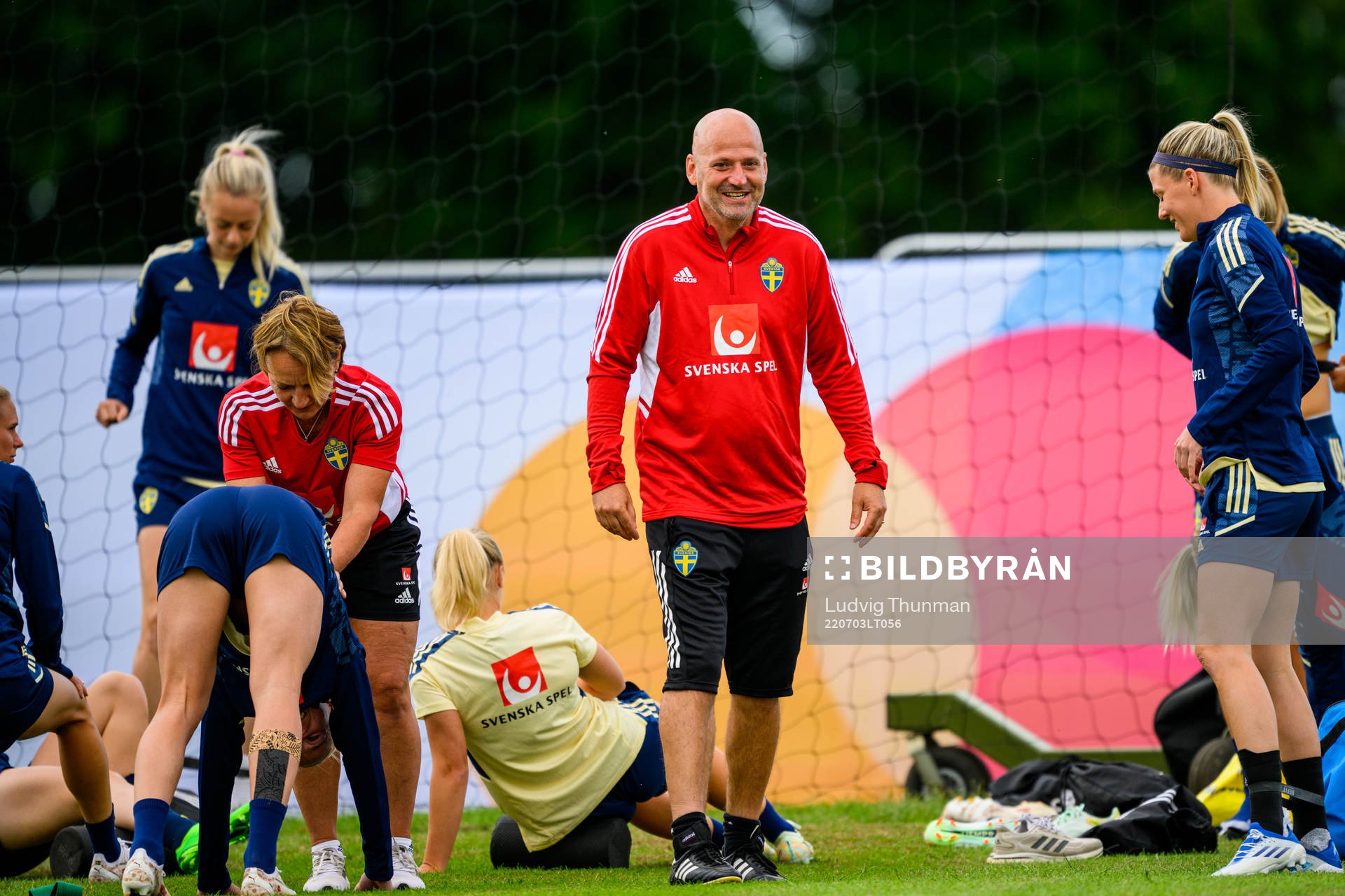 Magnus Wikman, assistant coach during a training session with the the women's Swedish national football team ahead of UEFA Women's Euro 2022 Championship on July 3, 2022 in Chester.