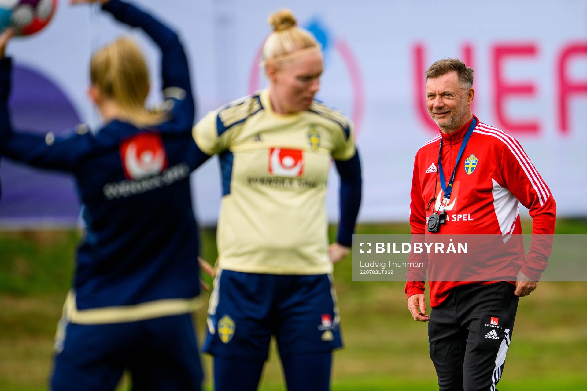 Peter Gerhardsson, head coach during a training session with the the women's Swedish national football team ahead of UEFA Women's Euro 2022 Championship on July 3, 2022 in Chester.