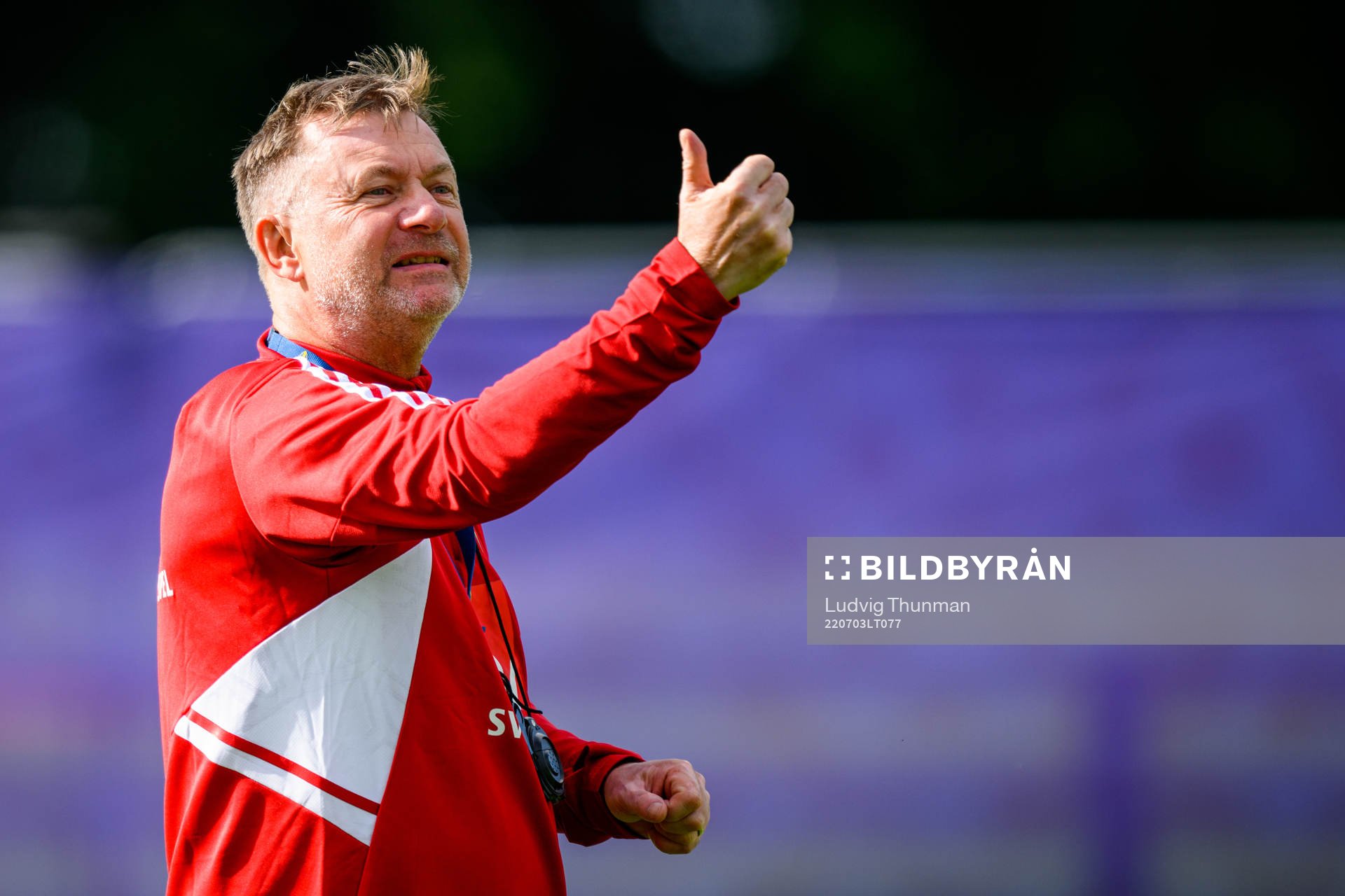 Peter Gerhardsson, head coach during a training session with the the women's Swedish national football team ahead of UEFA Women's Euro 2022 Championship on July 3, 2022 in Chester.