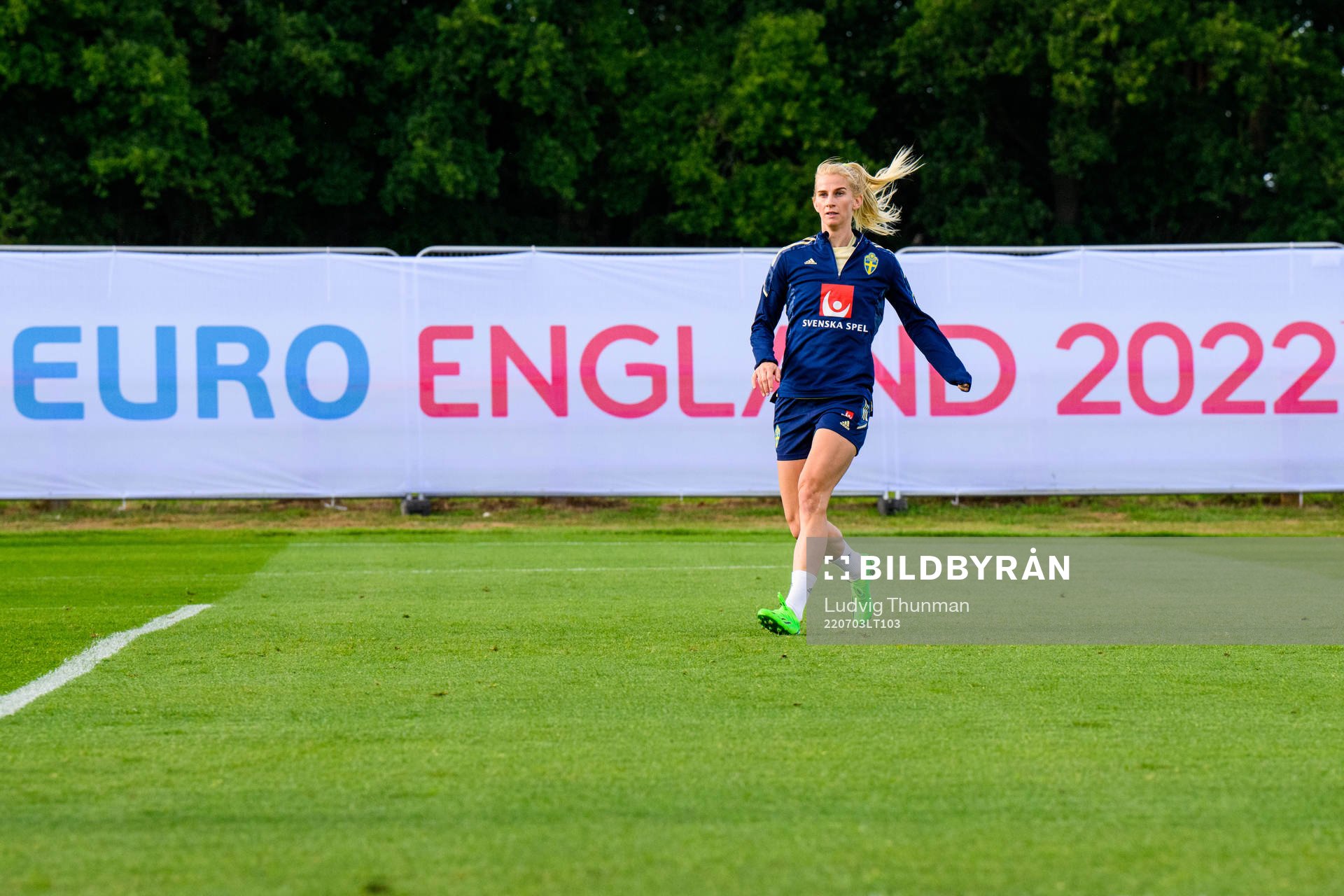 Sofia Jakobsson during a training session with the the women's Swedish national football team ahead of UEFA Women's Euro 2022 Championship on July 3, 2022 in Chester.