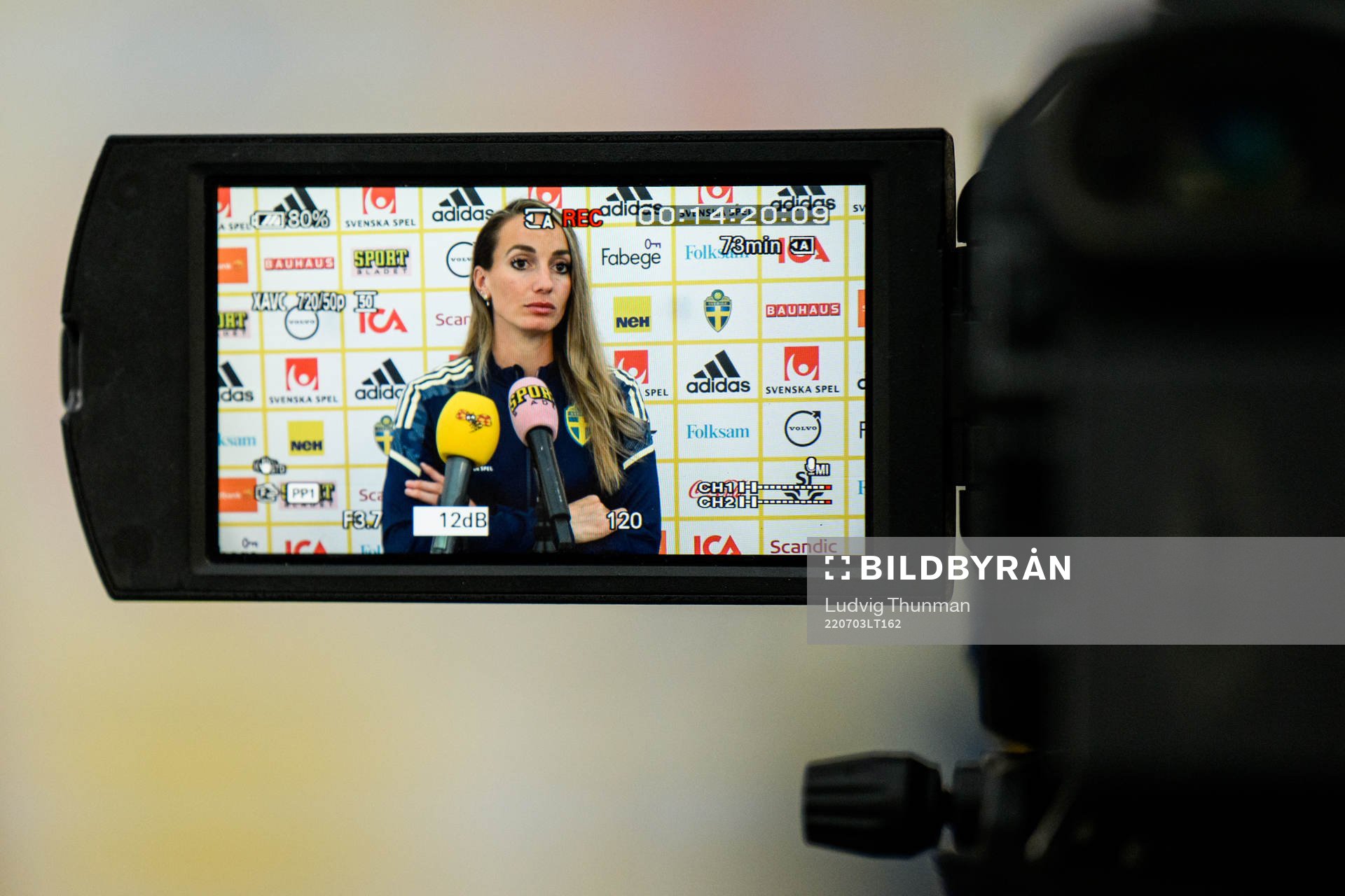 A video camera shows an image of Kosovare Asllani as she is