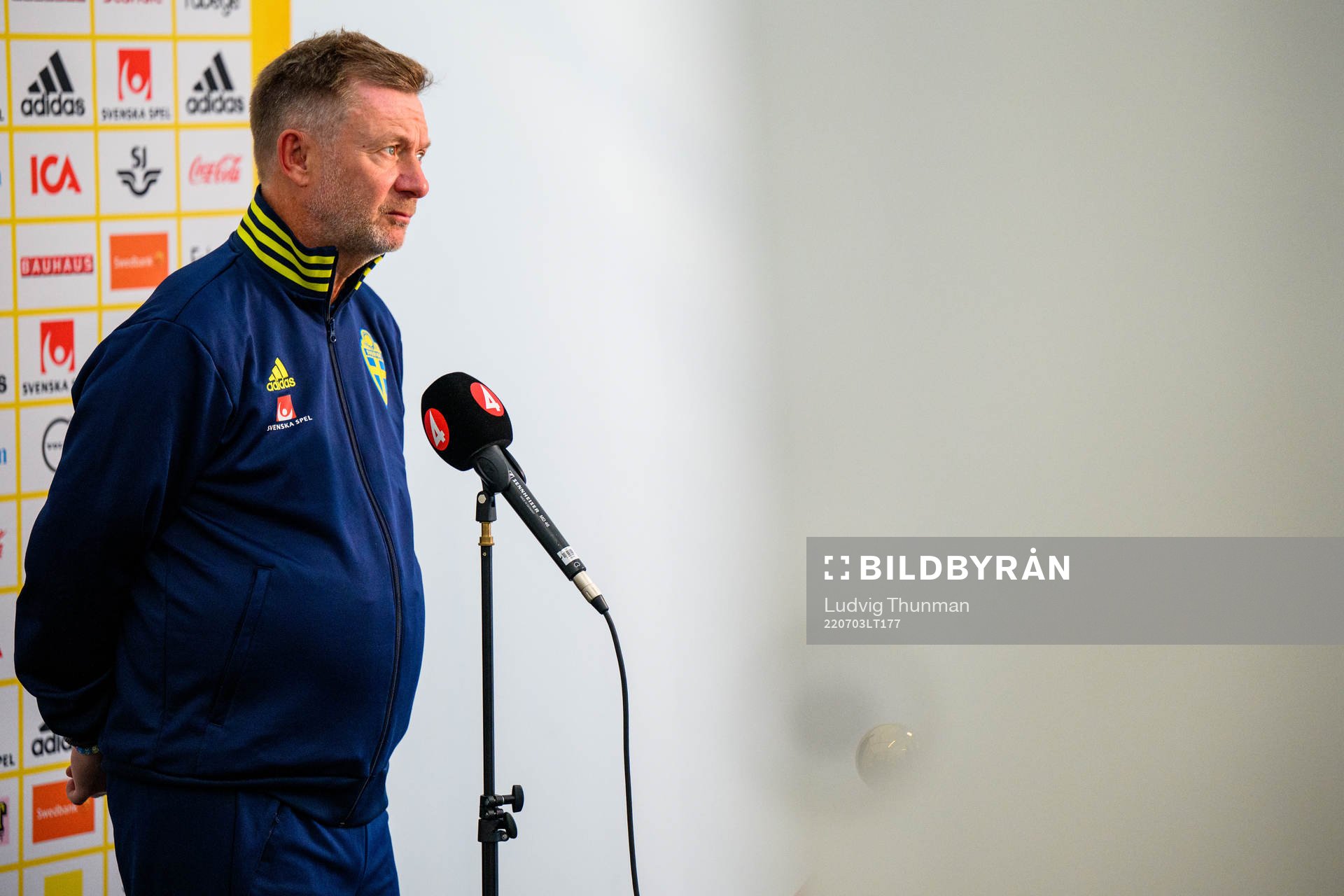 Peter Gerhardsson, head coach is interviewed by the media