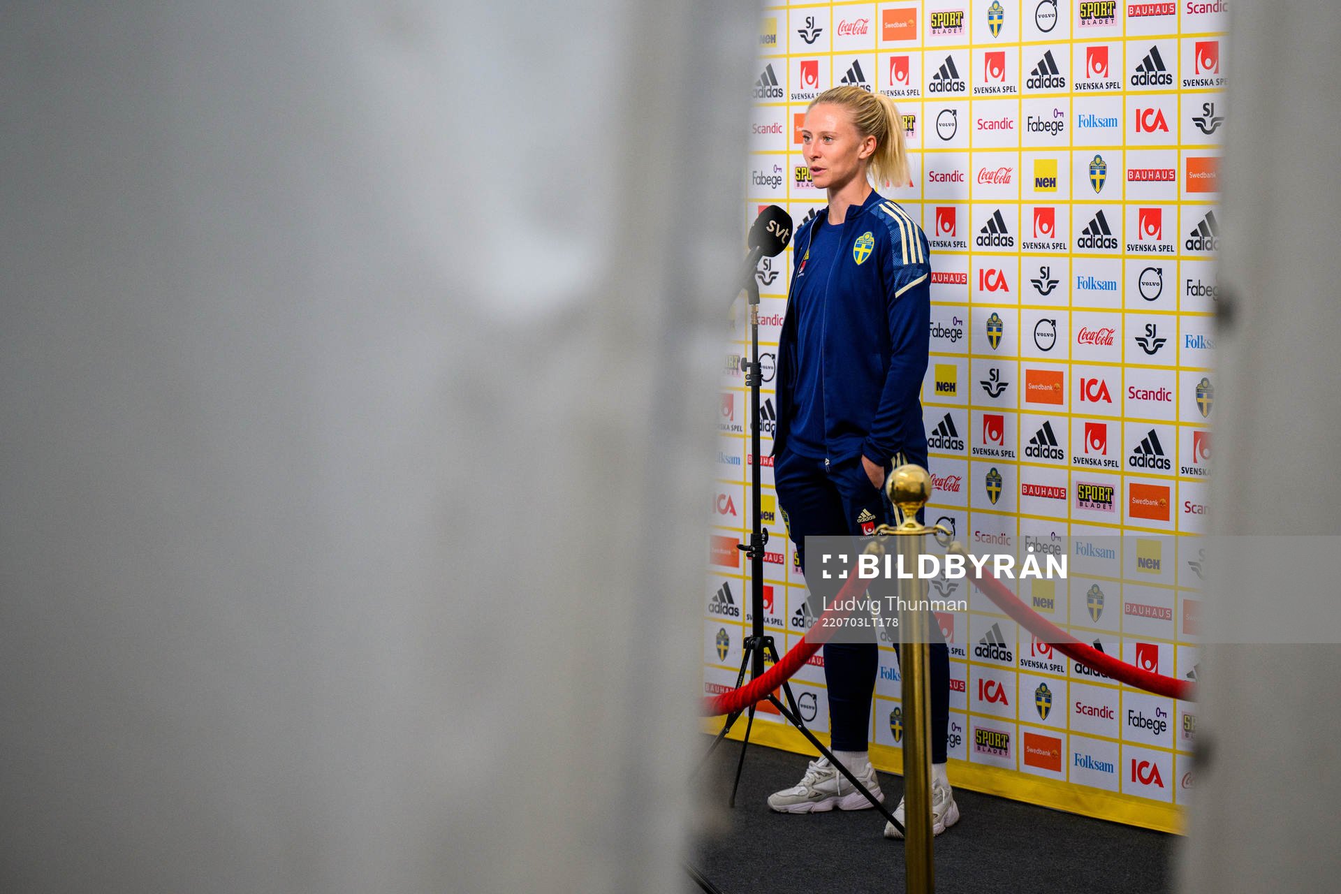 Rebecka Blomqvist is interviewed by the media during a press event with the the women's Swedish national football team ahead of UEFA Women's Euro 2022 Championship on July 3, 2022 in Chester.