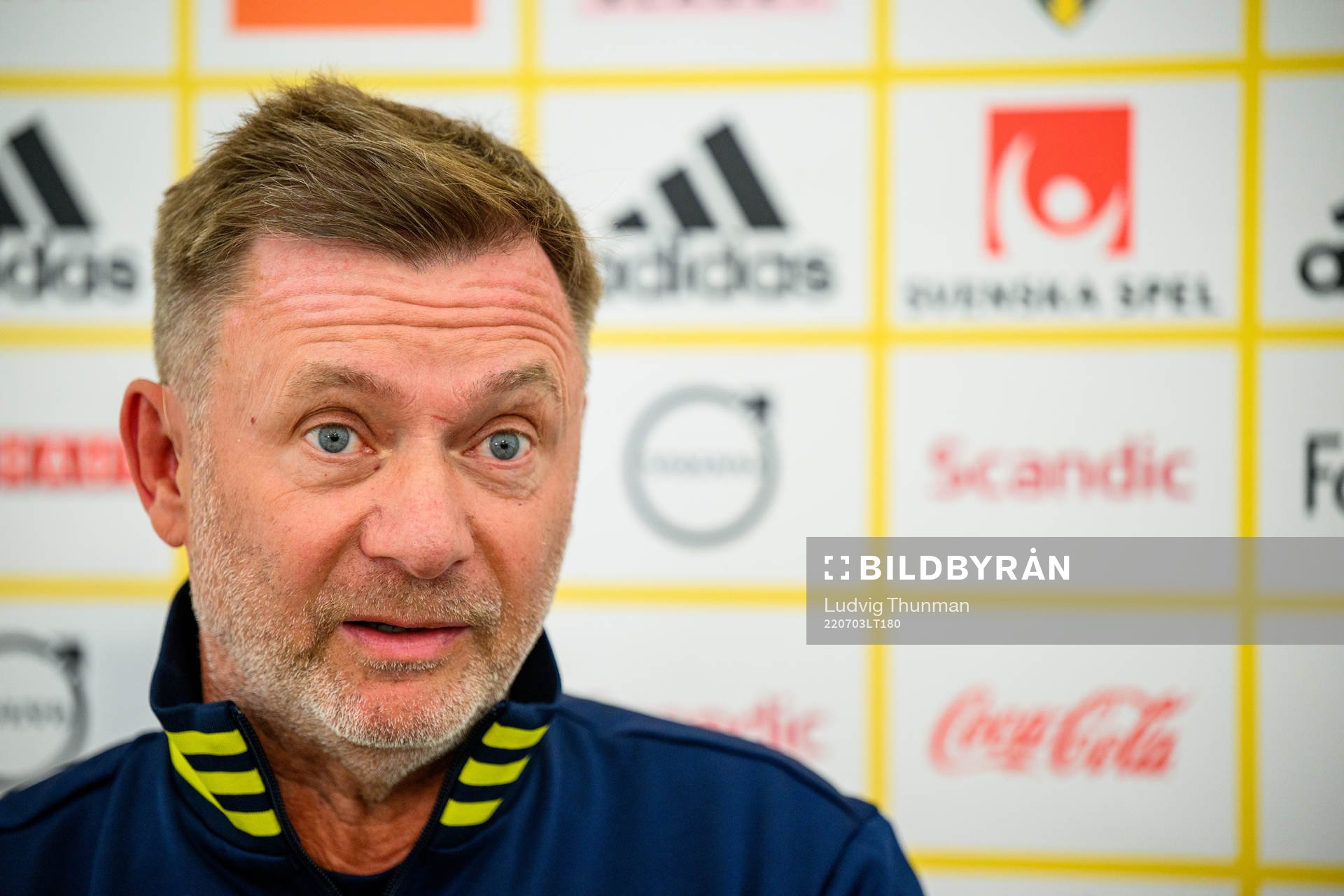 Peter Gerhardsson, head coach is interviewed by the media