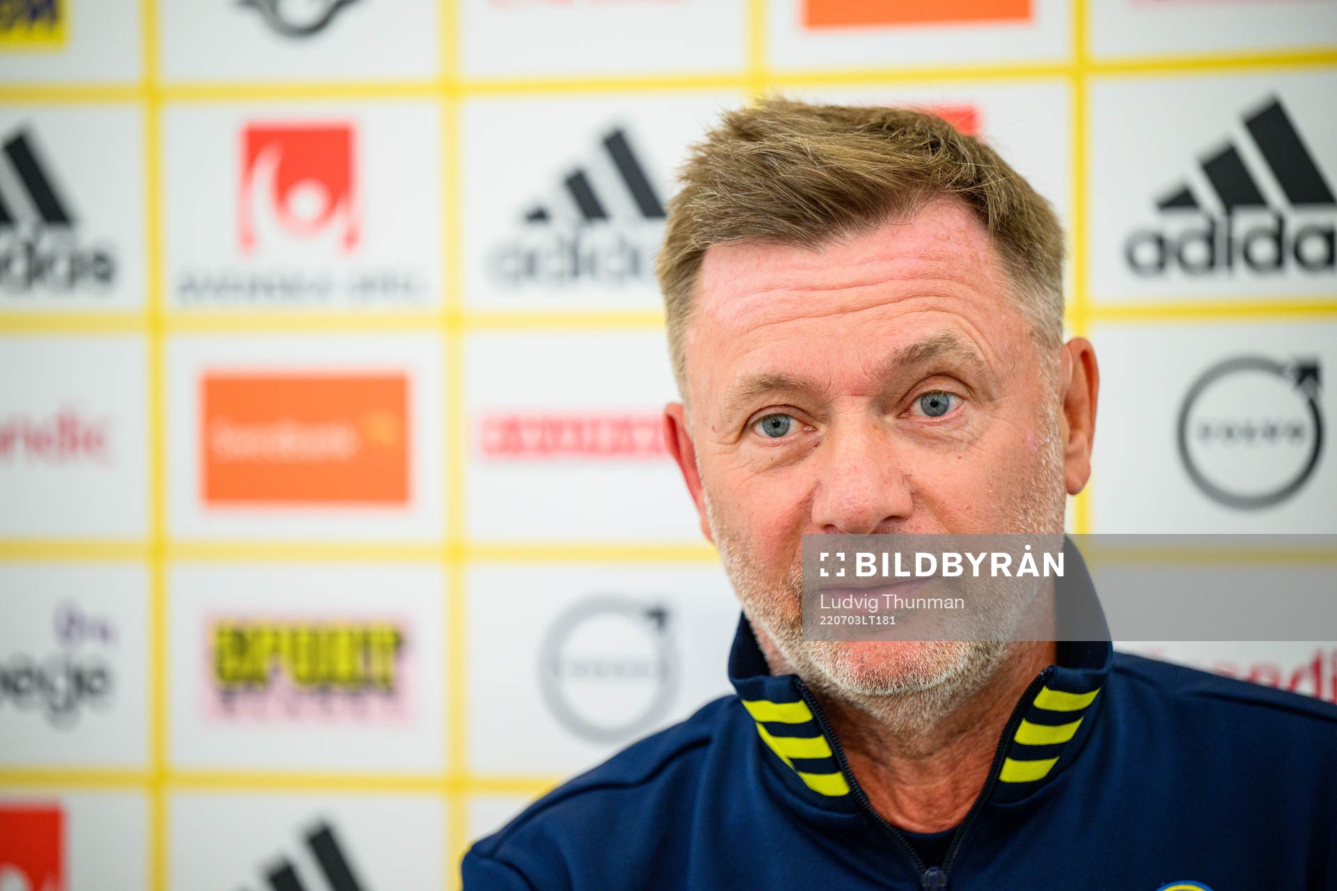 Peter Gerhardsson, head coach is interviewed by the media during a press event with the the women's Swedish national football team ahead of UEFA Women's Euro 2022 Championship on July 3, 2022 in Chester.