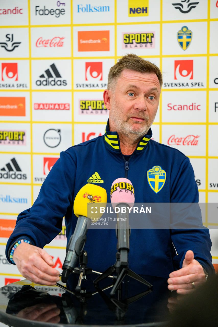 Peter Gerhardsson, head coach is interviewed by the media
