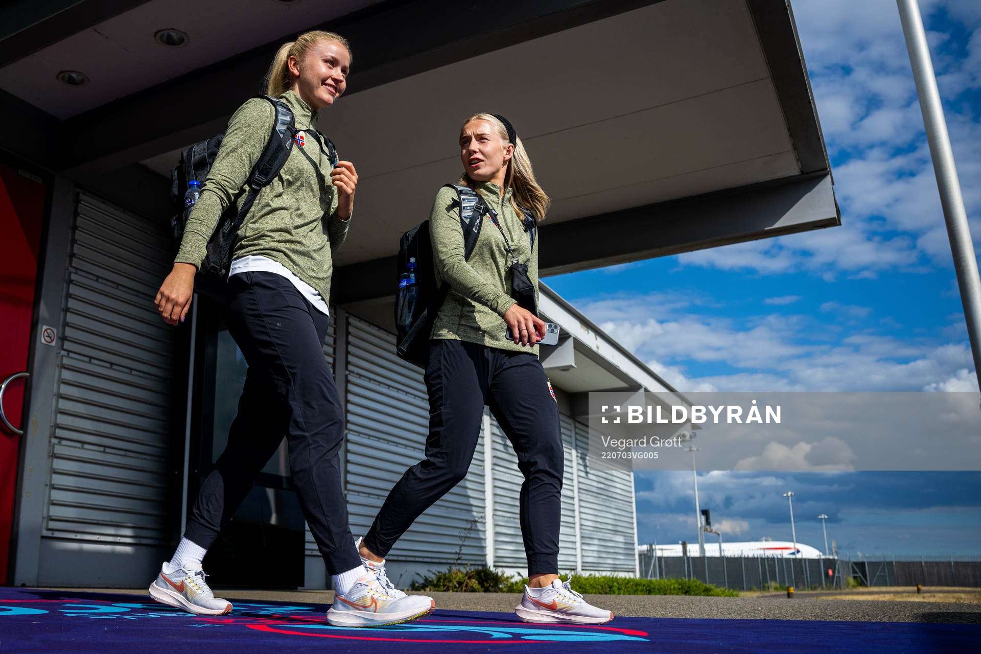Anna Jøsendal and Thea Bjelde of the Norwegian women’s national football team arrives at Heathrow Airport ahead of the UEFA Women's Euro on July 3, 2022 in London.