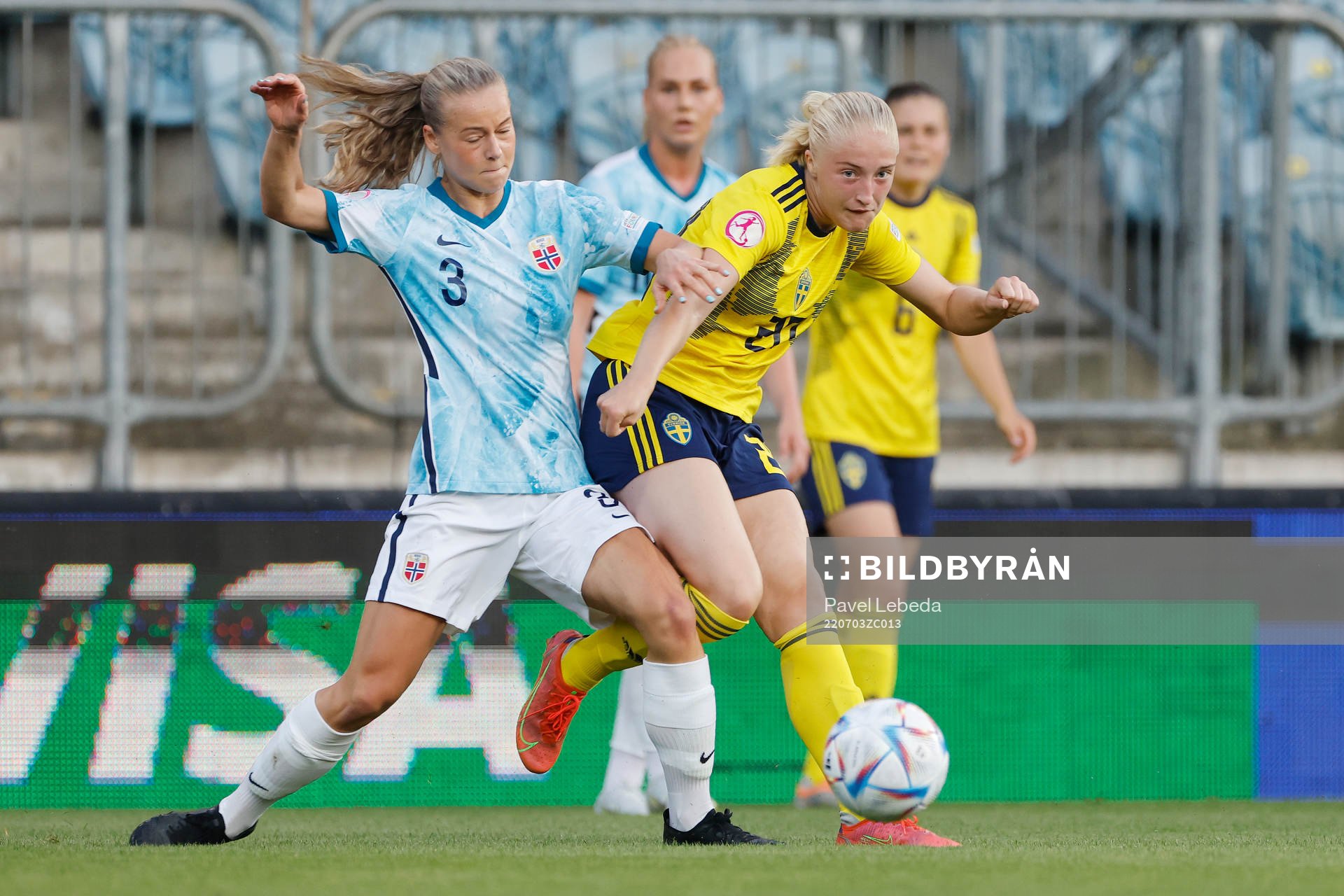 Wilma Leidhammar of Sweden in action against Selma Pettersen of Norway during the football match in The UEFA Womens Under-19 European Championships on July 03 in Opava, Czech Republic.