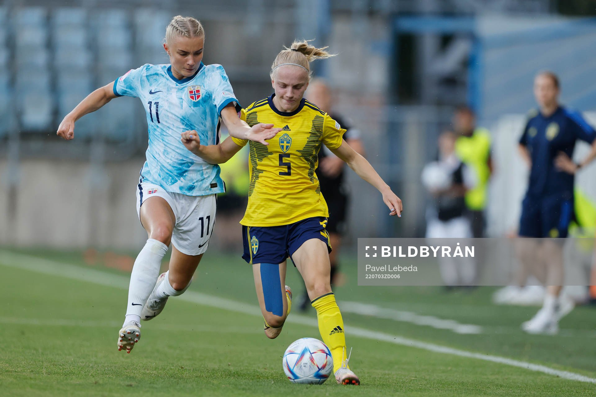 Anna Sandberg  of Sweden in action against Thea Kyvåg of