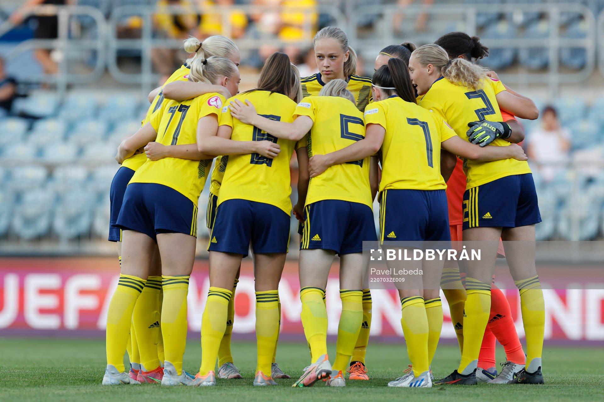 Emilia Pelgander, Hanna Wijk, Anna Sandberg, Lisa Löwing, Emilia Pelgander, Athinna Persson Lundgren, Elma Juntilla Nelhage and Serina Iddrisu Backmark ahead of the UEFA Womens Under-19 European Championships on July 03 in Opava, Czech Republic.