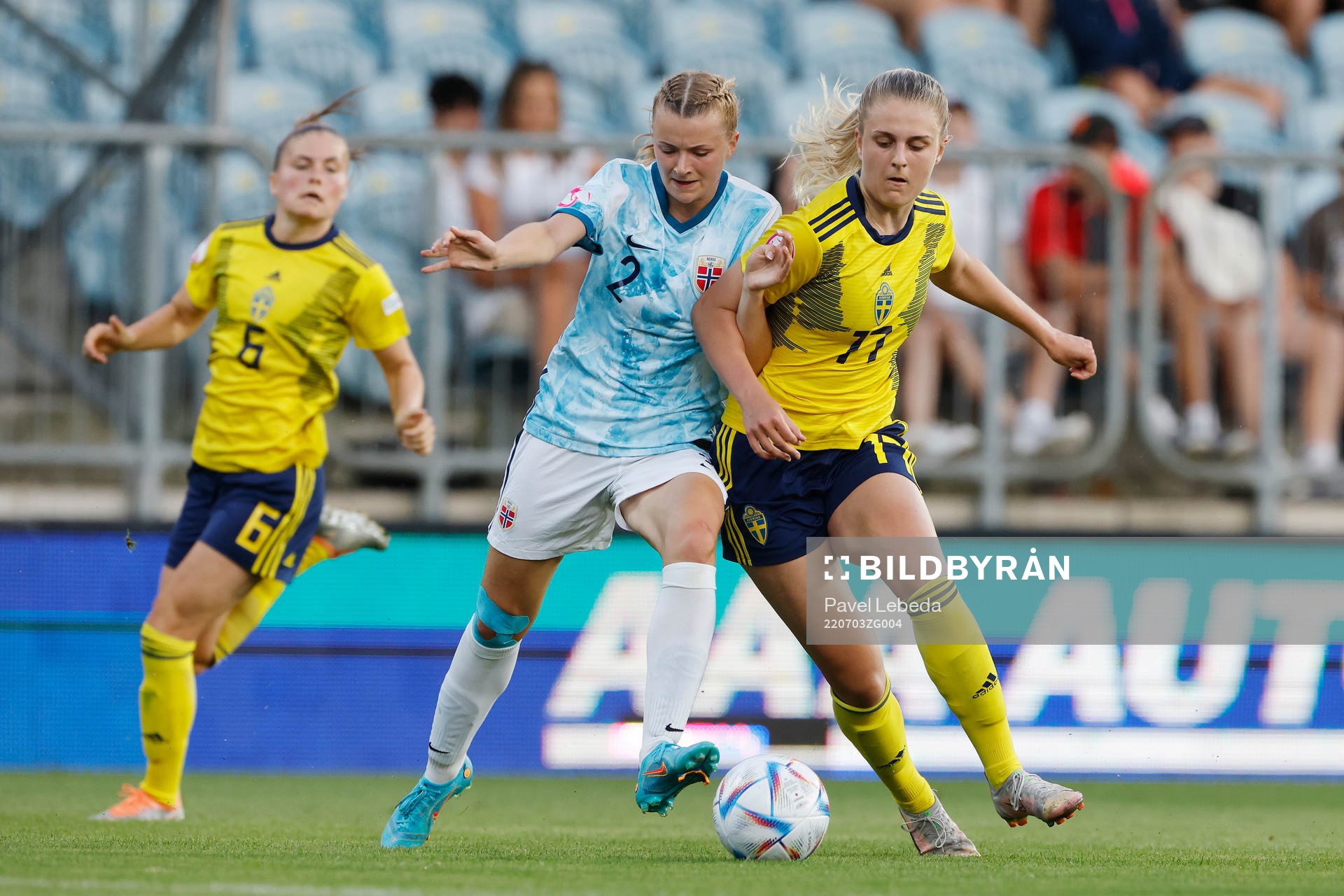 Lisa Björk of Sweden in action against Thea Sørbo of Norway during the football match in The UEFA Womens Under-19 European Championships on July 03 in Opava, Czech Republic.