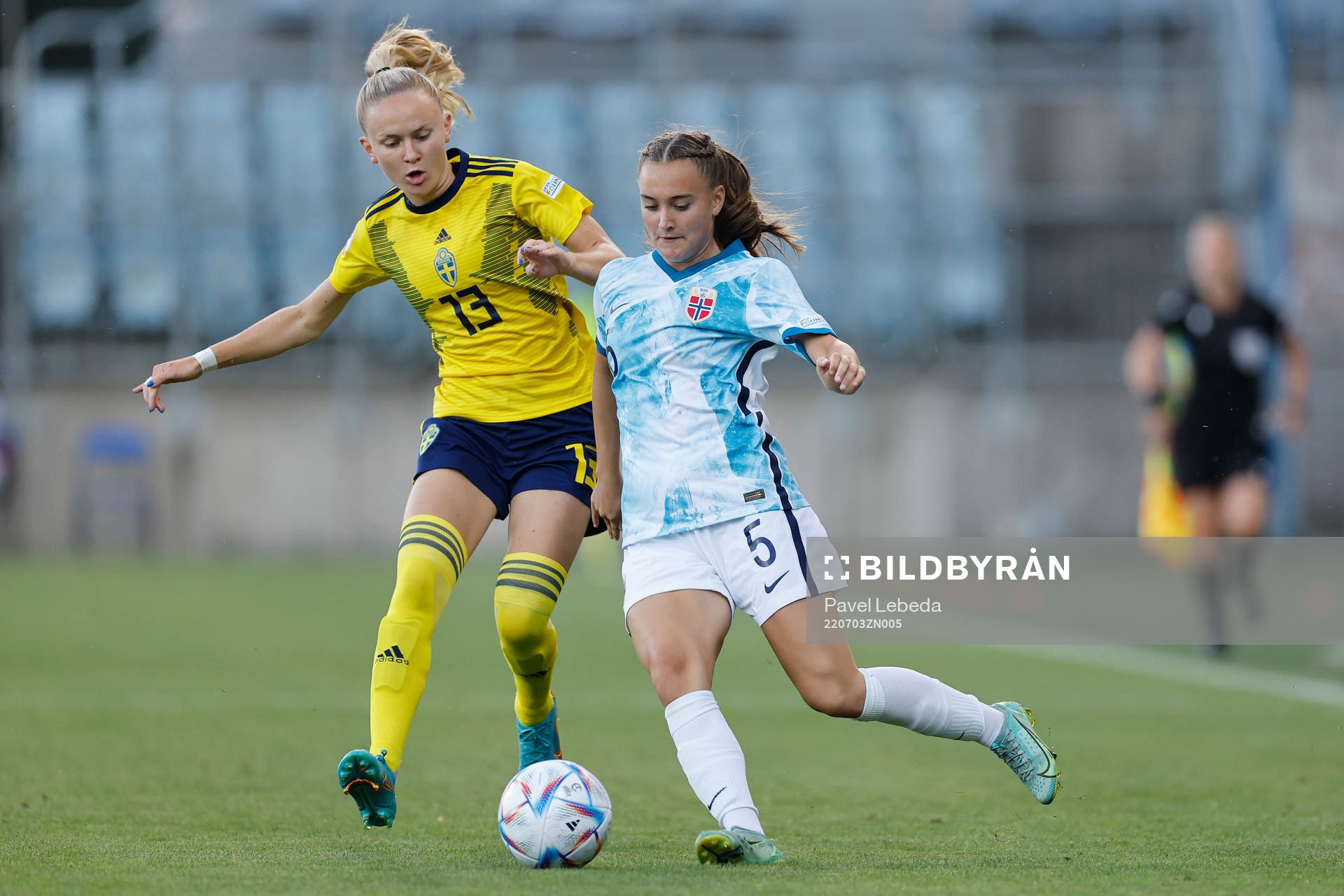 Matilda Vinberg of Sweden in action against Selma Løvås of Norway during the football match in The UEFA Womens Under-19 European Championships on July 03 in Opava, Czech Republic.