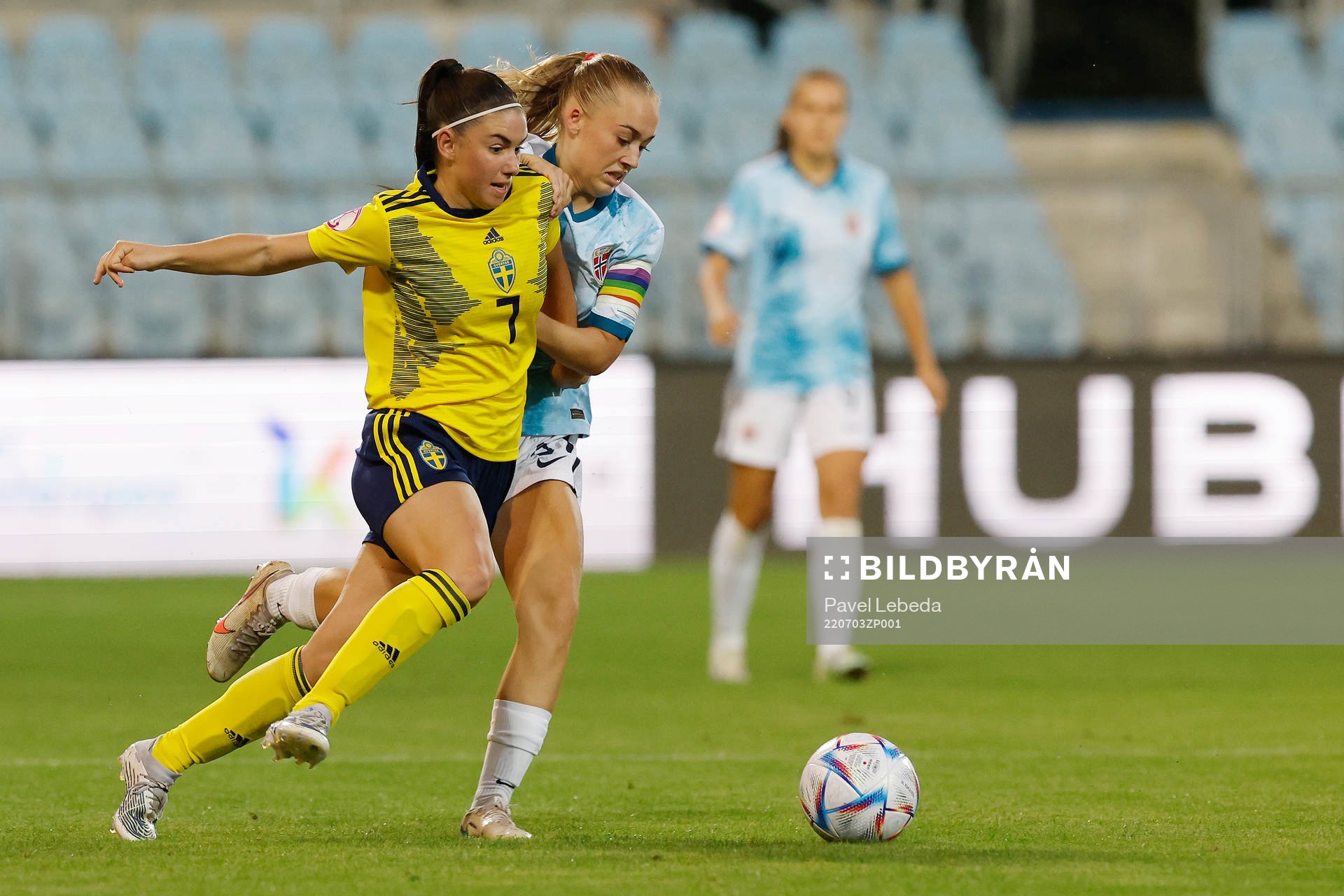 Emilia Pelganderof Sweden in action against Julie Jorde of Norway during the football match in The UEFA Womens Under-19 European Championships on July 03 in Opava, Czech Republic.