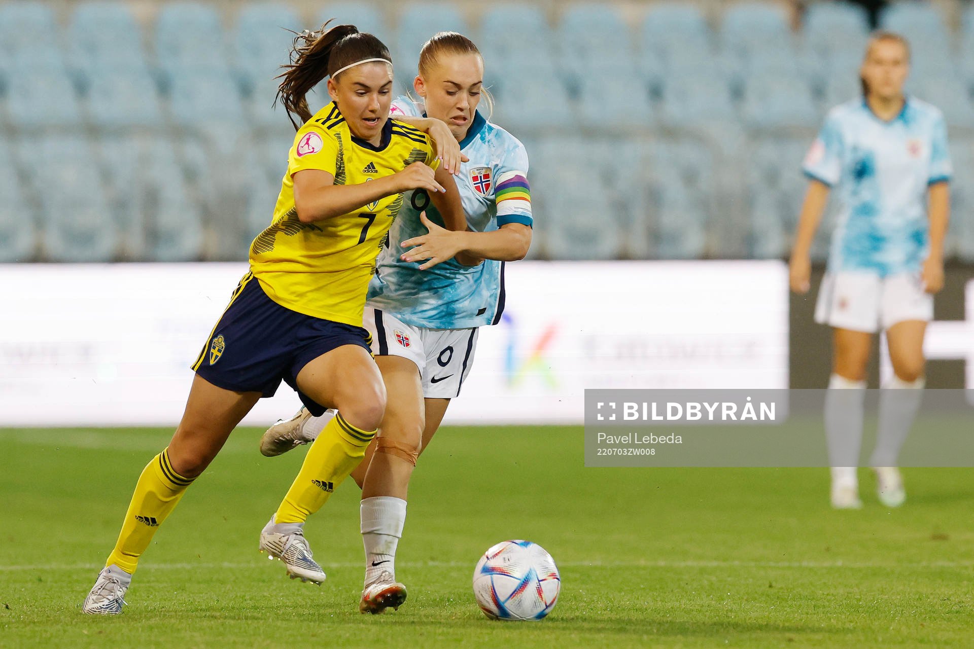 Emilia Pelgander of Sweden in action against Julie Jorde of Norway during the football match in The UEFA Womens Under-19 European Championships on July 03 in Opava, Czech Republic.