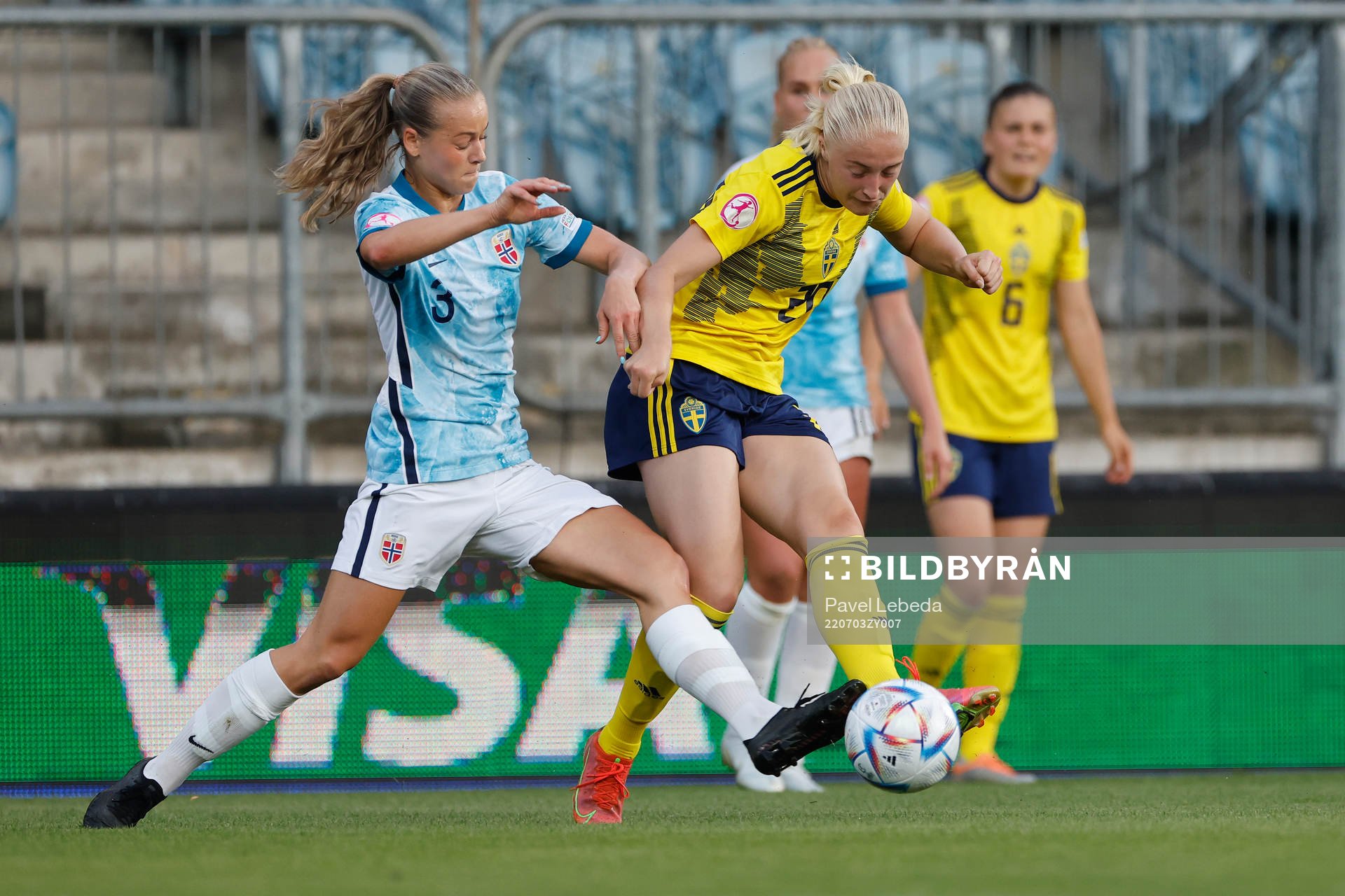 Wilma Leidhammar of Sweden in action against Selma Pettersen of Norway during the football match in The UEFA Womens Under-19 European Championships on July 03 in Opava, Czech Republic.