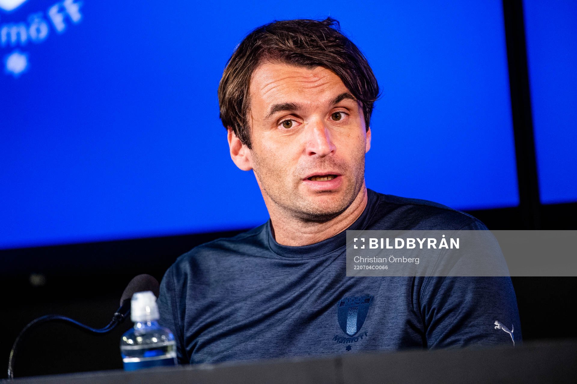 Tränare Milos Milojevic under en presskonferens med Malmö FF inför kvalmatchen i Champions League den 4 juli 2022 i Malmö.