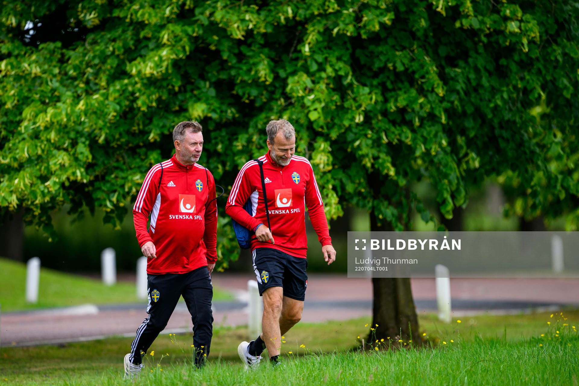 Peter Gerhardsson, head coach and Pontus Ekblom, physio arrive for a training session with the the women's Swedish national football team ahead of UEFA Women's Euro 2022 Championship on July 4, 2022 in Chester.