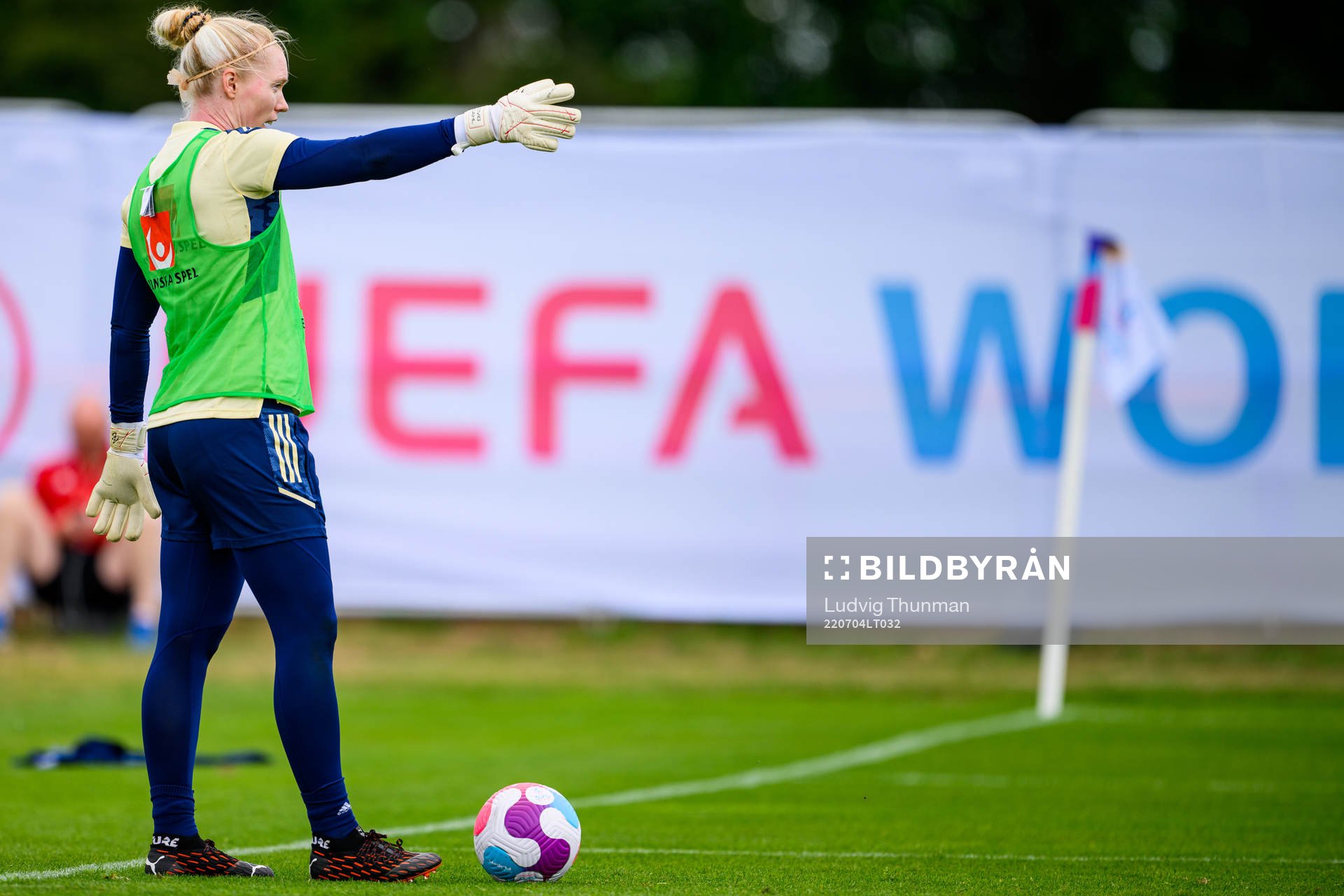Goalkeeper Hedvig Lindahl during a training session with the the women's Swedish national football team ahead of UEFA Women's Euro 2022 Championship on July 4, 2022 in Chester.