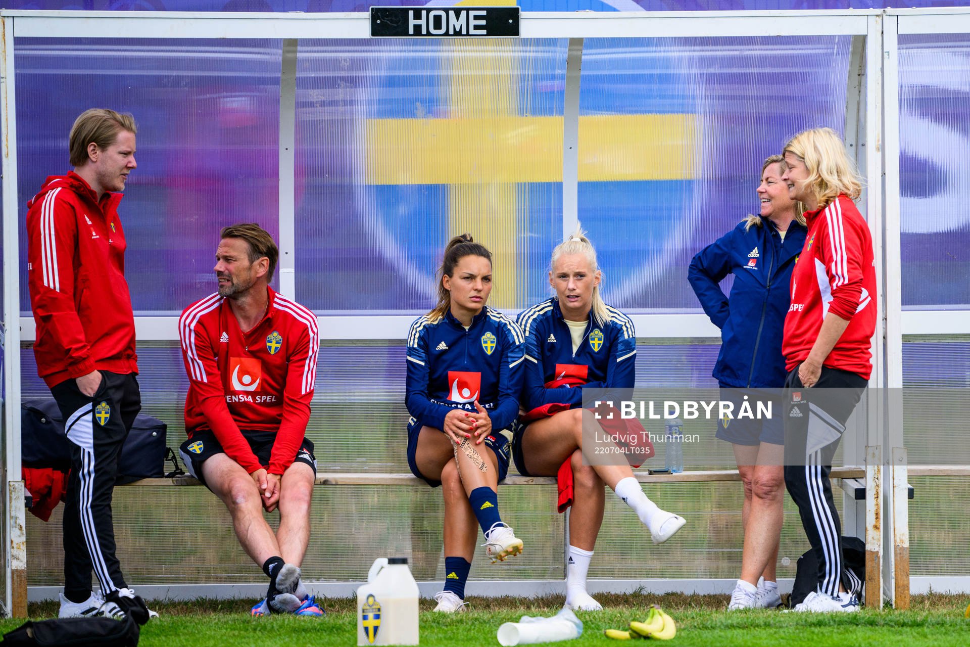 Fredrik Madestam, press officer, Magnus Andersson, team manager, Johanna Rytting Kaneryd, Stina Blackstenius, Marika Domanski Lyfors, team Manager and Rebecca Schelin, press officer on the bench after a training session with the the women's Swedish national football team ahead of UEFA Women's Euro 2022 Championship on July 4, 2022 in Chester.