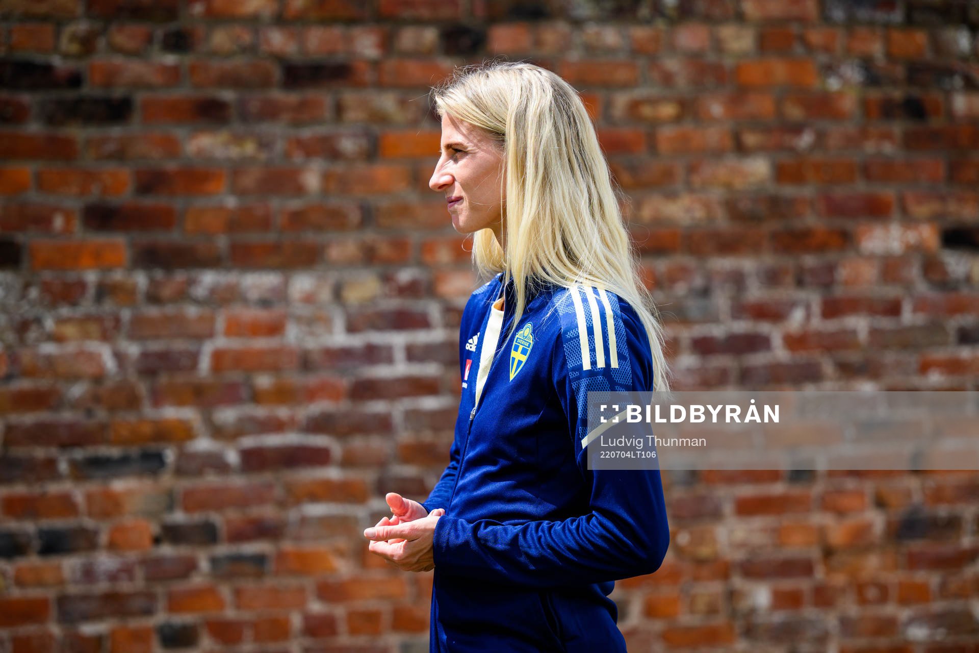 Sofia Jakobsson is interviewed by the media during a press event with the the women's Swedish national football team ahead of UEFA Women's Euro 2022 Championship on July 4, 2022 in Chester.