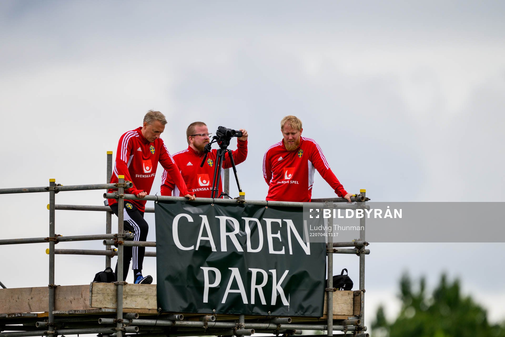 Anders Eriksson, match analyst and Sebastian Borg, match analyst during a training session with the the women's Swedish national football team ahead of UEFA Women's Euro 2022 Championship on July 4, 2022 in Chester.