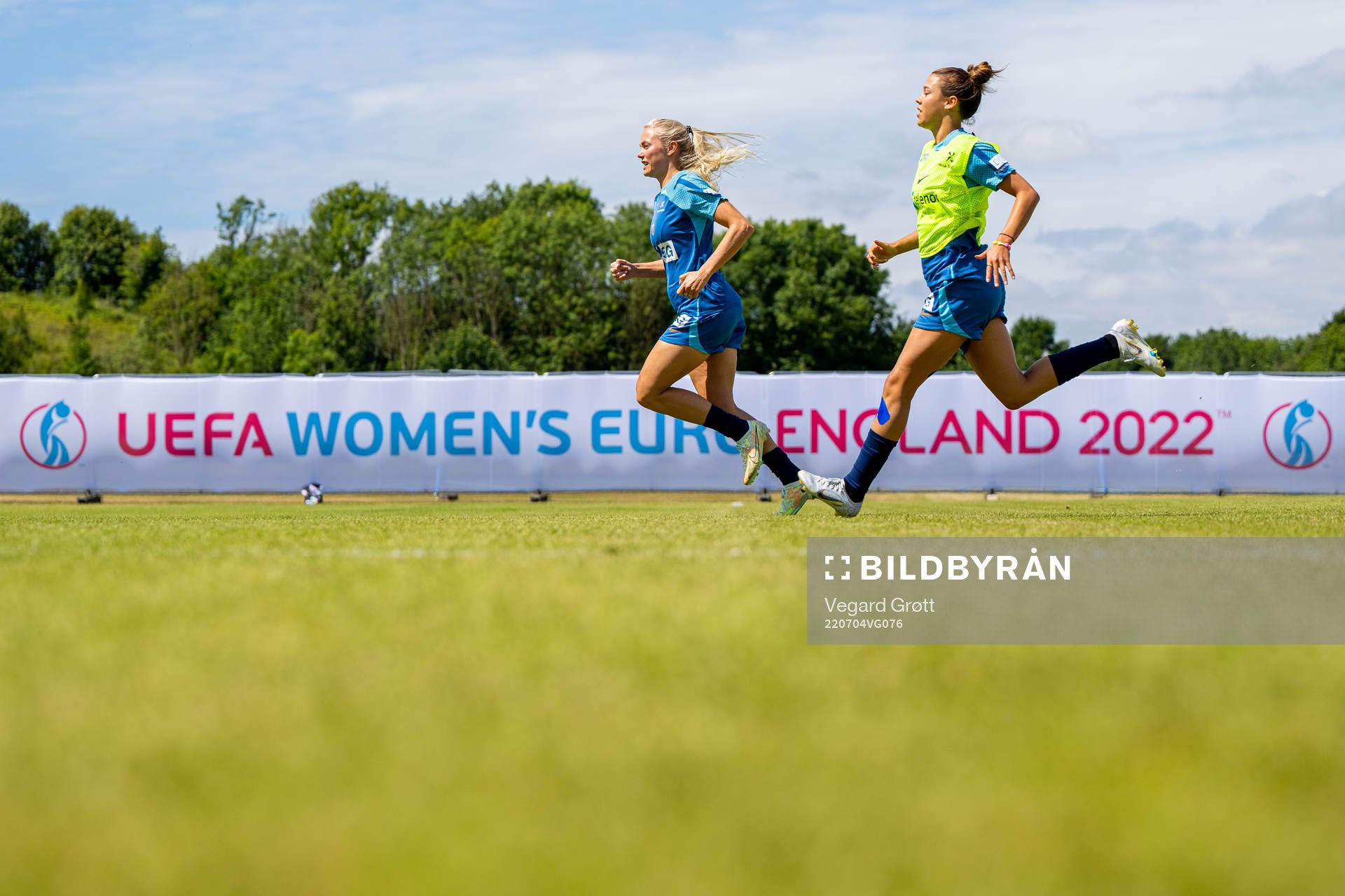 Guro Bergsvand and Celin Bizet Ildhusøy of the Norwegian national football team during a training session ahead of the UEFA Women's Euro 2022 Championship on July 4, 2022 in Brighton.