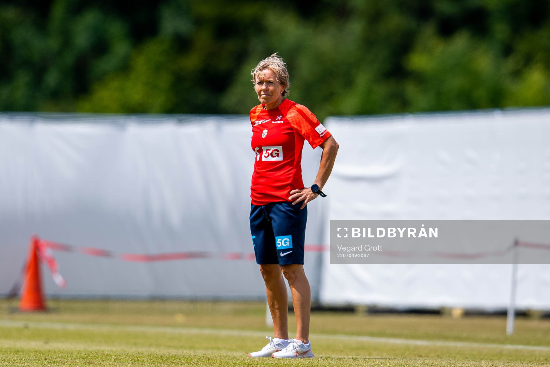 Gunnvor Halmøy, physical coach of the Norwegian national football team, during a training session ahead of the UEFA Women's Euro 2022 Championship on July 4, 2022 in Brighton.
