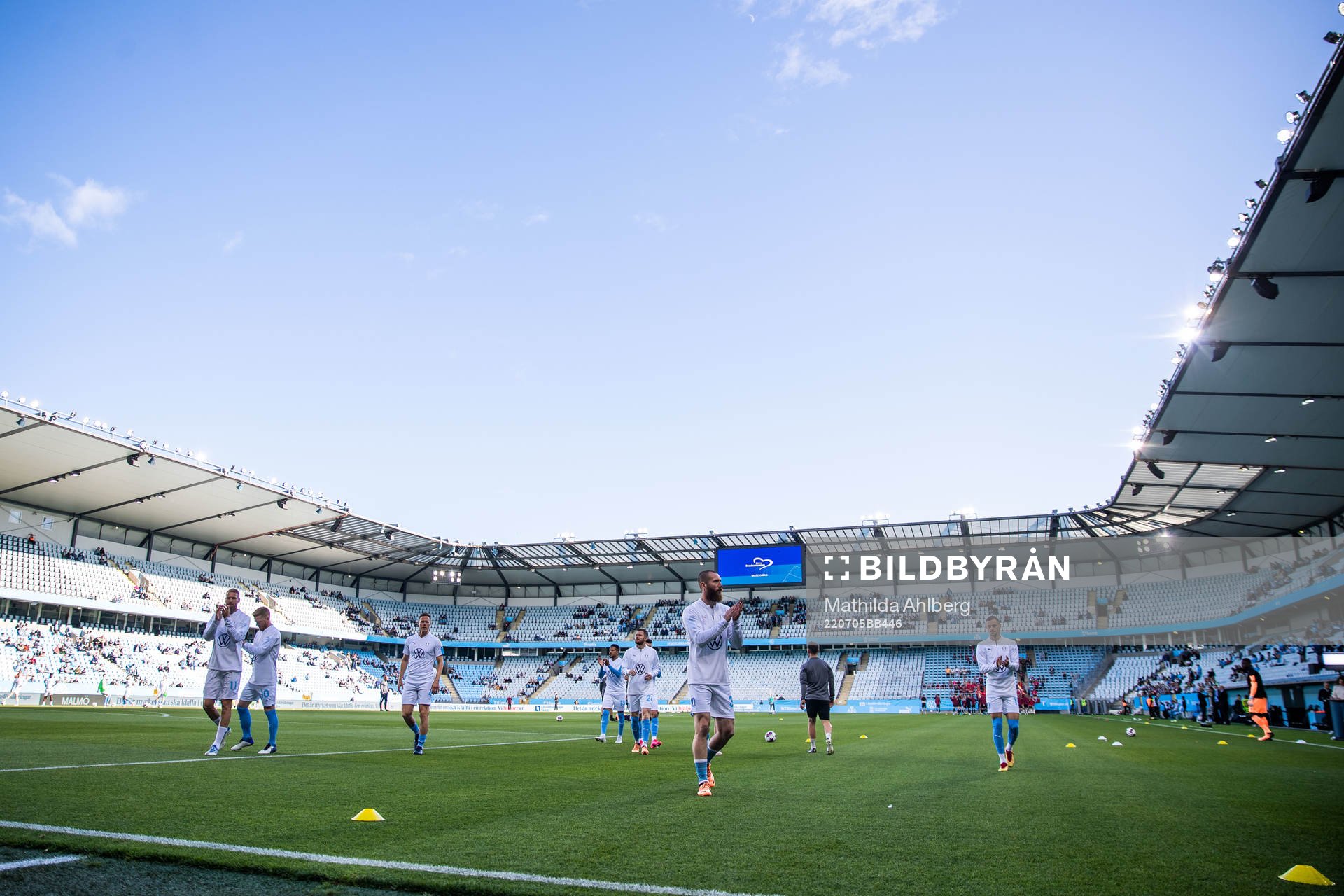 Players of Malmö FF warm up ahead of the UEFA Champions League qualifying match between Malmö FF and Vikingur on July 5, 2022 in Malmö.
