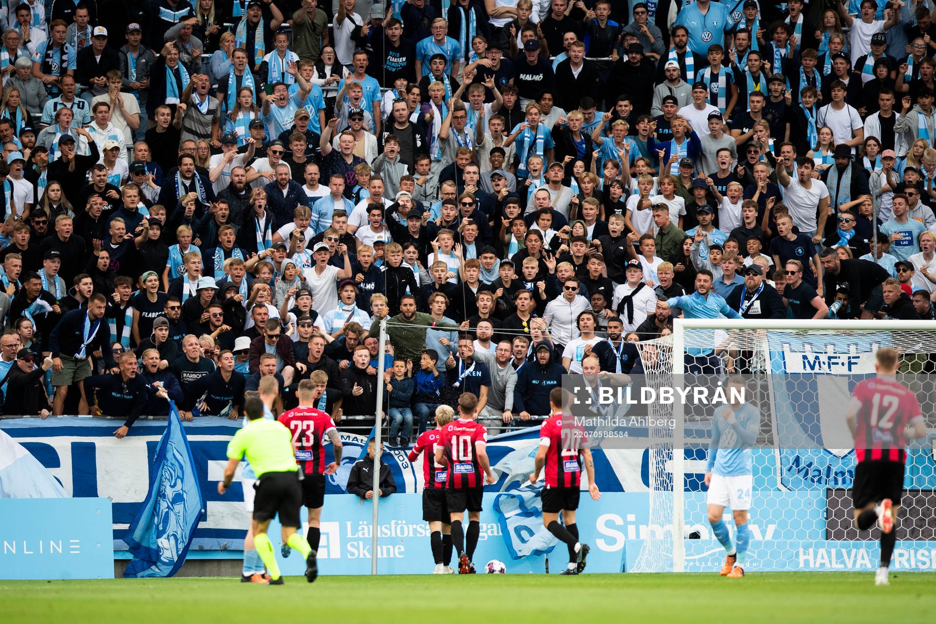 Kristall Mani Ingason of Vikingur celebrates after 1-1 during the UEFA Champions League qualifying match between Malmö FF and Vikingur on July 5, 2022 in Malmö.