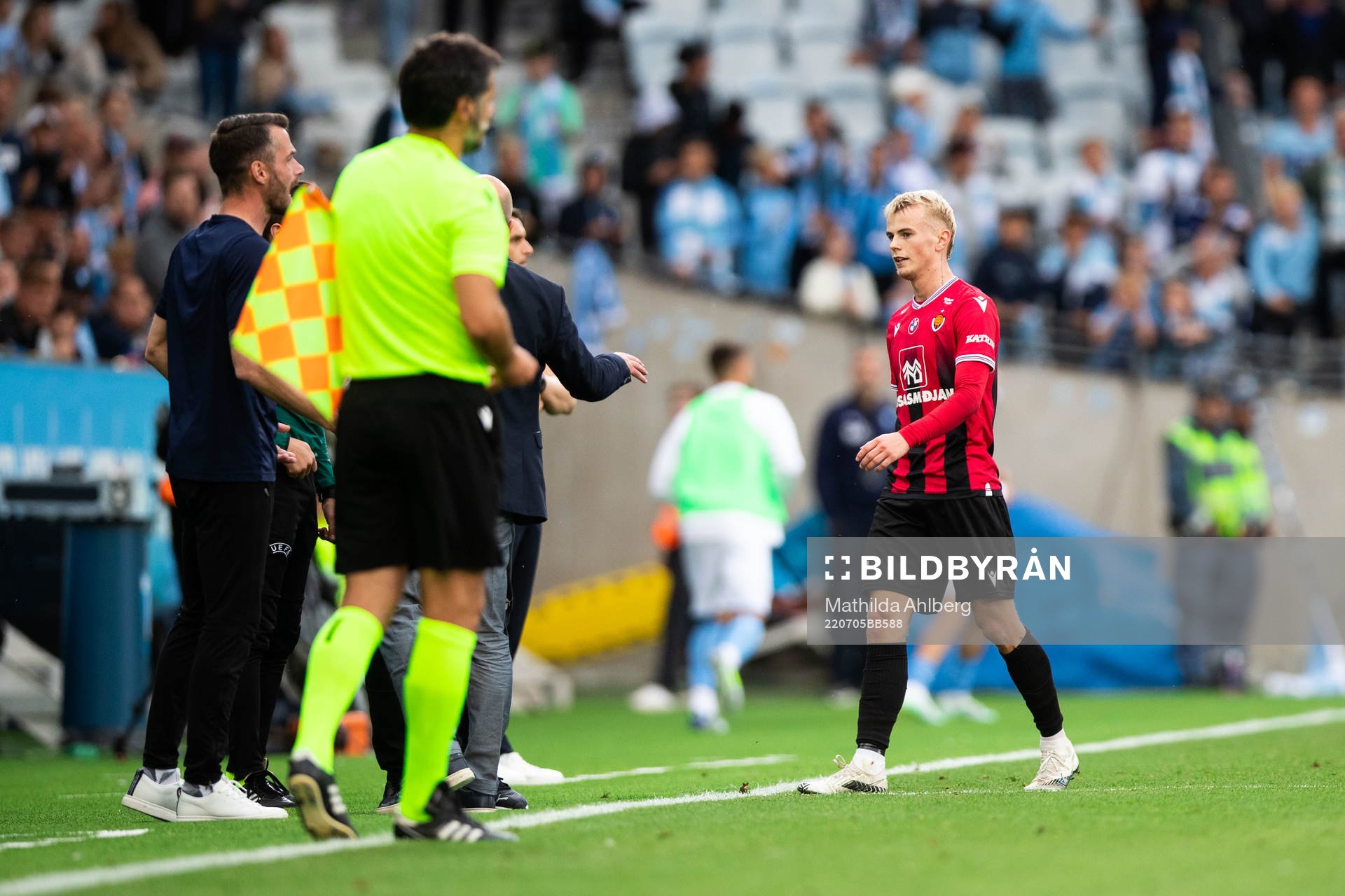 Kristall Mani Ingason of Vikingur leaves the pitch