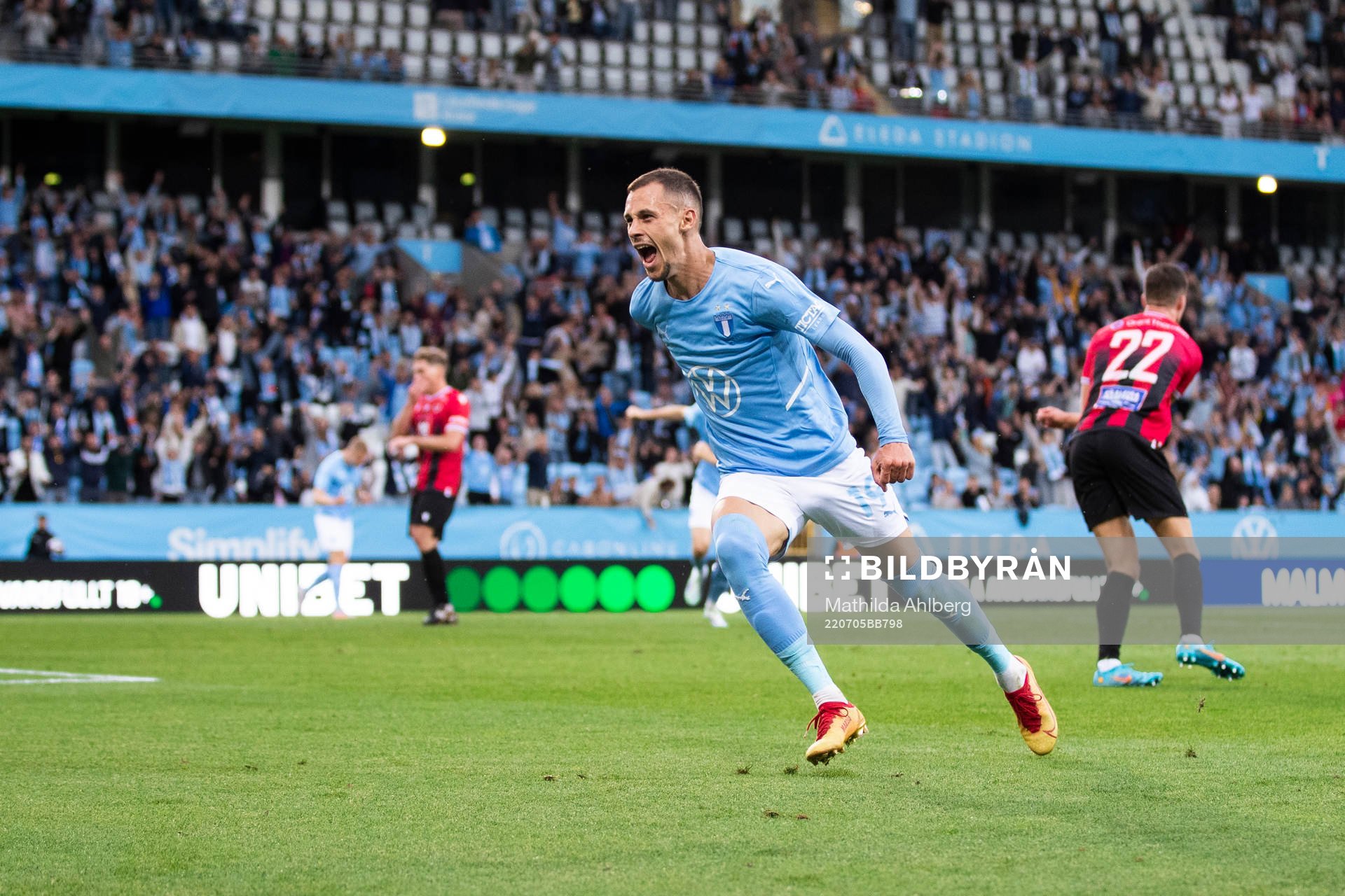 Veljko Birmancevic of Malmö FF celebrates after scoring 3-1 during the UEFA Champions League qualifying match between Malmö FF and Vikingur on July 5, 2022 in Malmö.