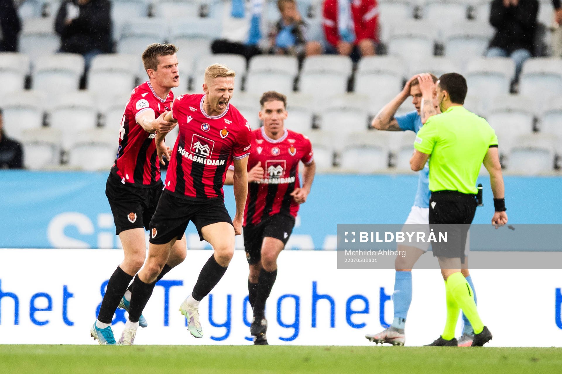 Helge Gudjonsson of Vikingur celebrates after scoring 2-3 during the UEFA Champions League qualifying match between Malmö FF and Vikingur on July 5, 2022 in Malmö. 